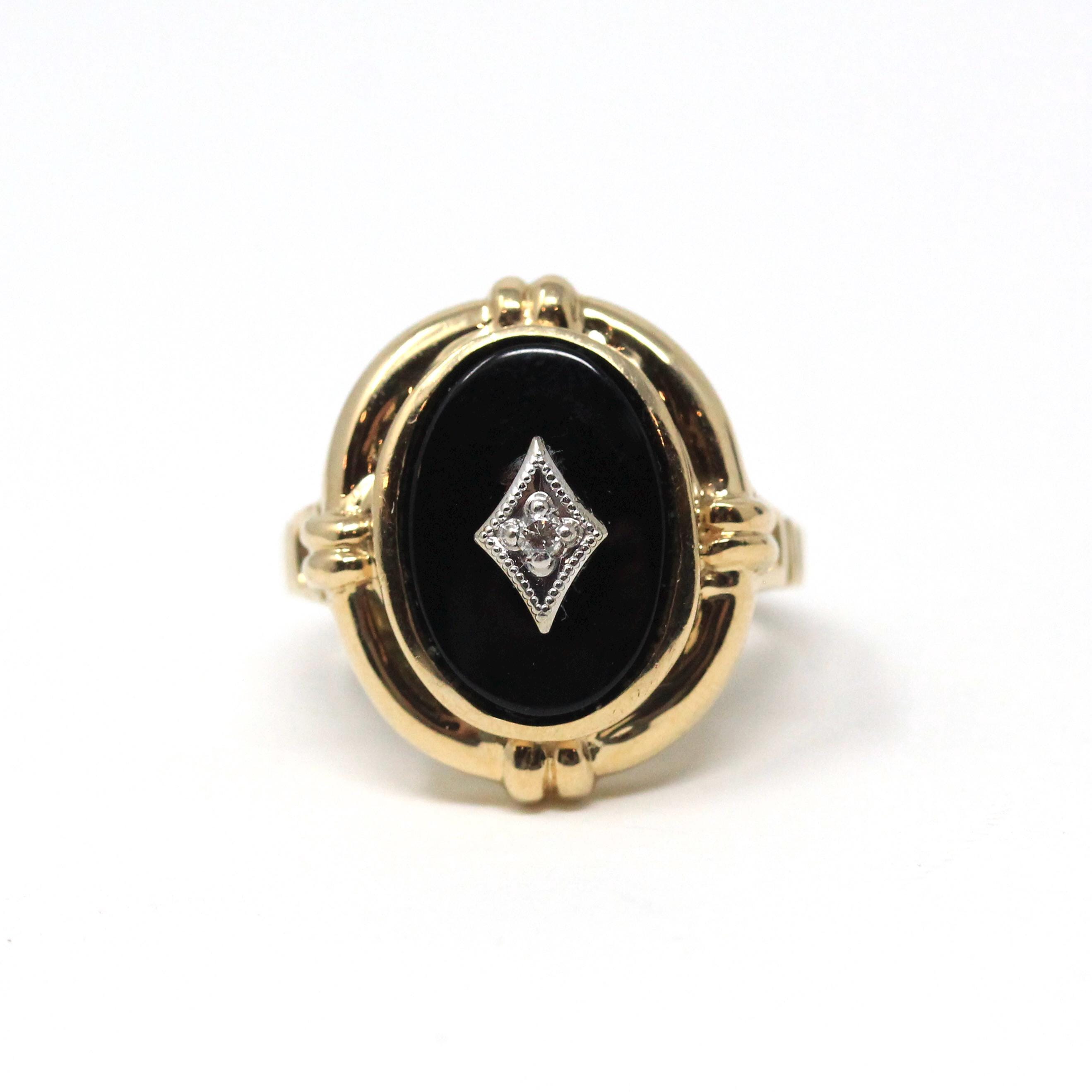 Vintage Onyx Ring - Mid Century 10k Yellow Gold Oval Black Chalcedony & Natural Diamond - Retro 1940s Era Size 5 3/4 Statement Fine Jewelry