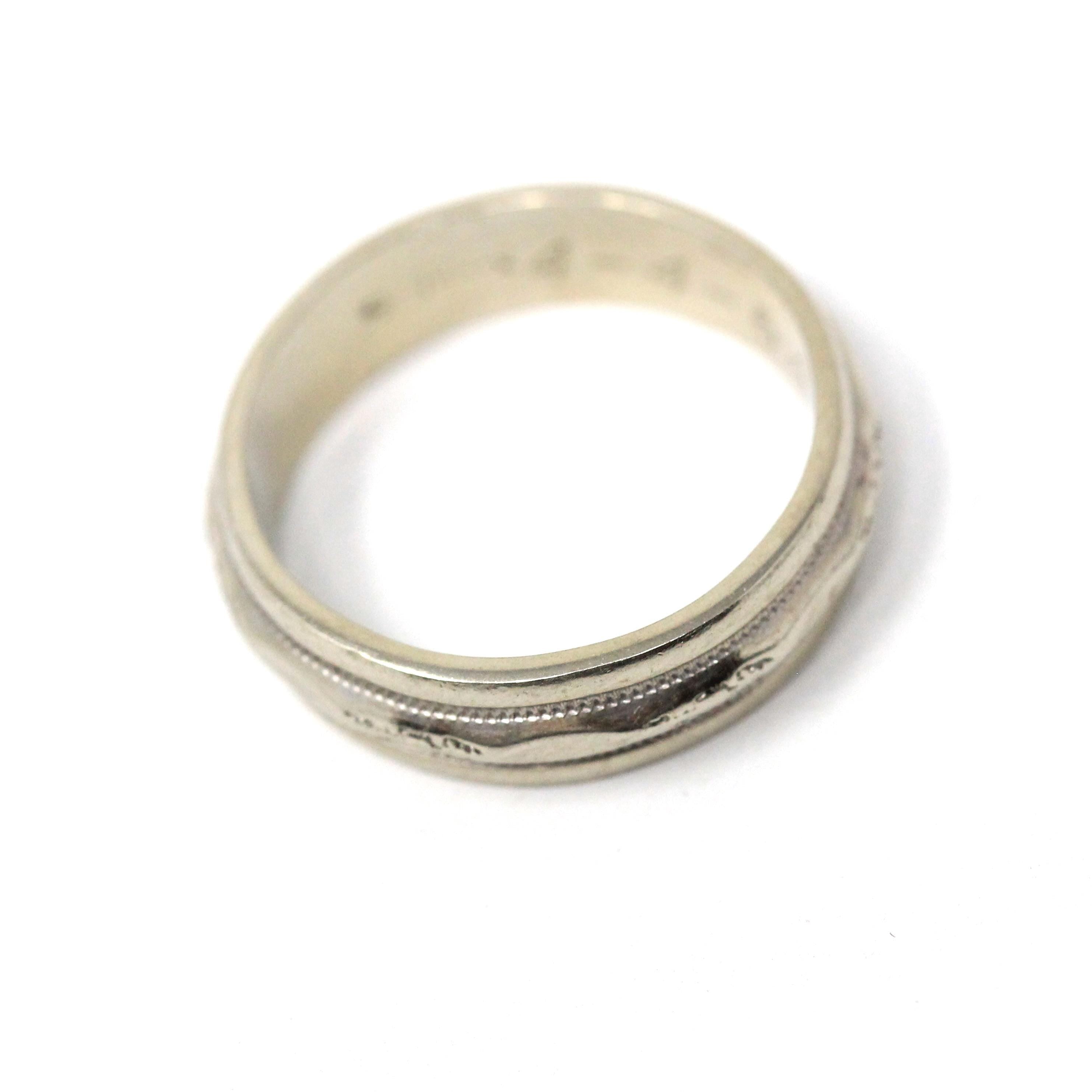 Dated 1964 Band - Retro 14k White Gold Milgrain Orange Blossom Eternity Wedding Ring - Vintage Size 5 1/2 Engraved Fine Statement Jewelry