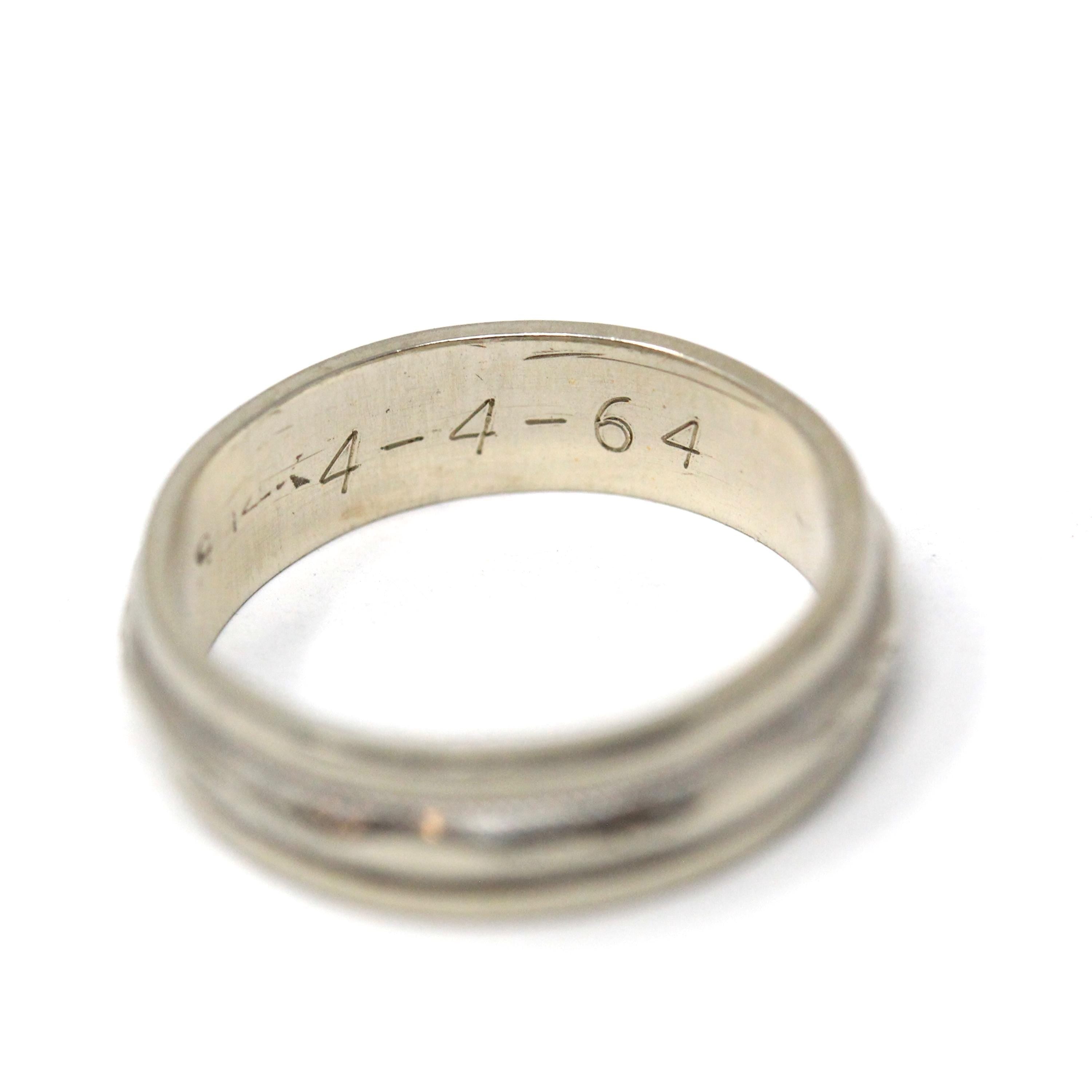 Dated 1964 Band - Retro 14k White Gold Milgrain Orange Blossom Eternity Wedding Ring - Vintage Size 5 1/2 Engraved Fine Statement Jewelry