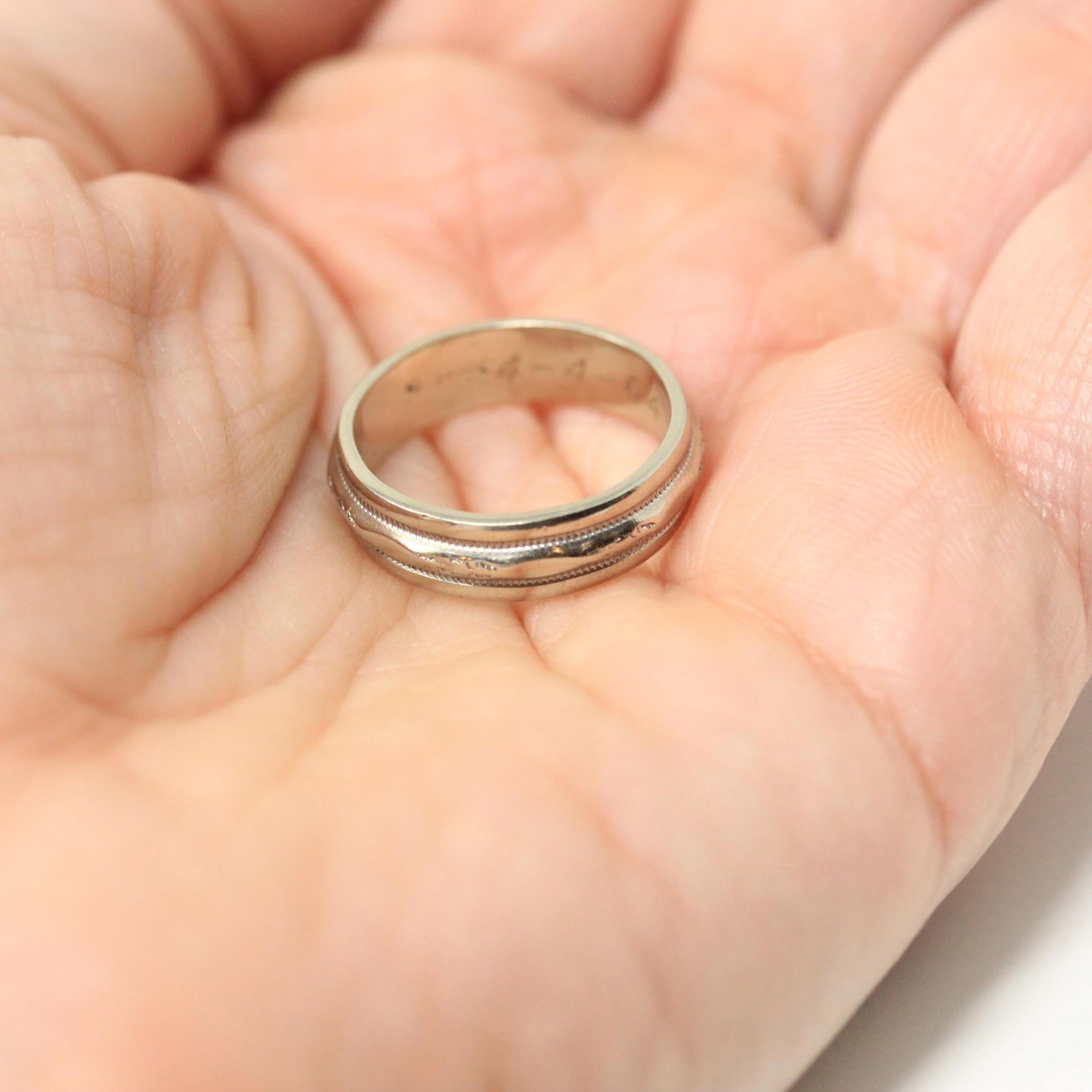 Dated 1964 Band - Retro 14k White Gold Milgrain Orange Blossom Eternity Wedding Ring - Vintage Size 5 1/2 Engraved Fine Statement Jewelry