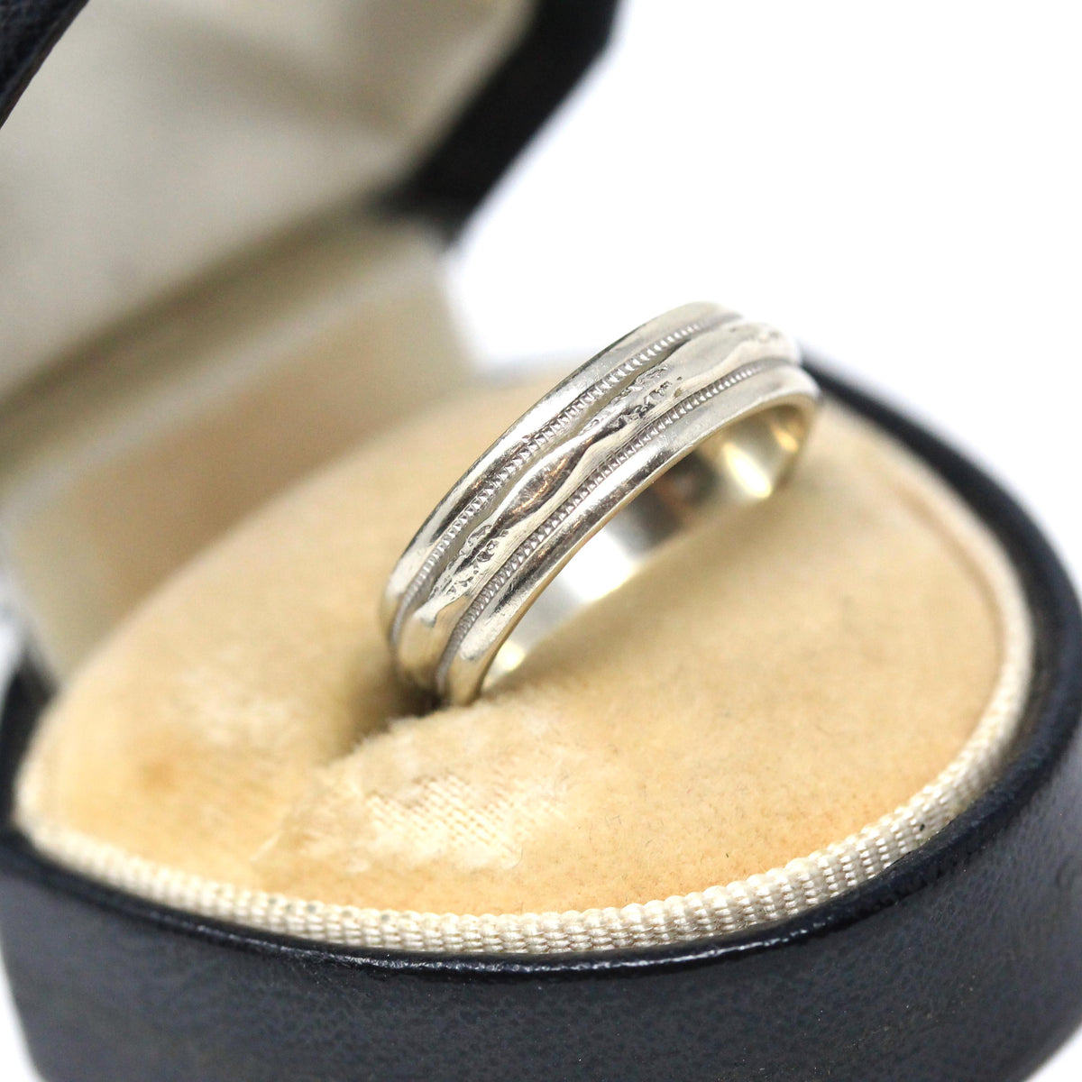 Dated 1964 Band - Retro 14k White Gold Milgrain Orange Blossom Eternity Wedding Ring - Vintage Size 5 1/2 Engraved Fine Statement Jewelry
