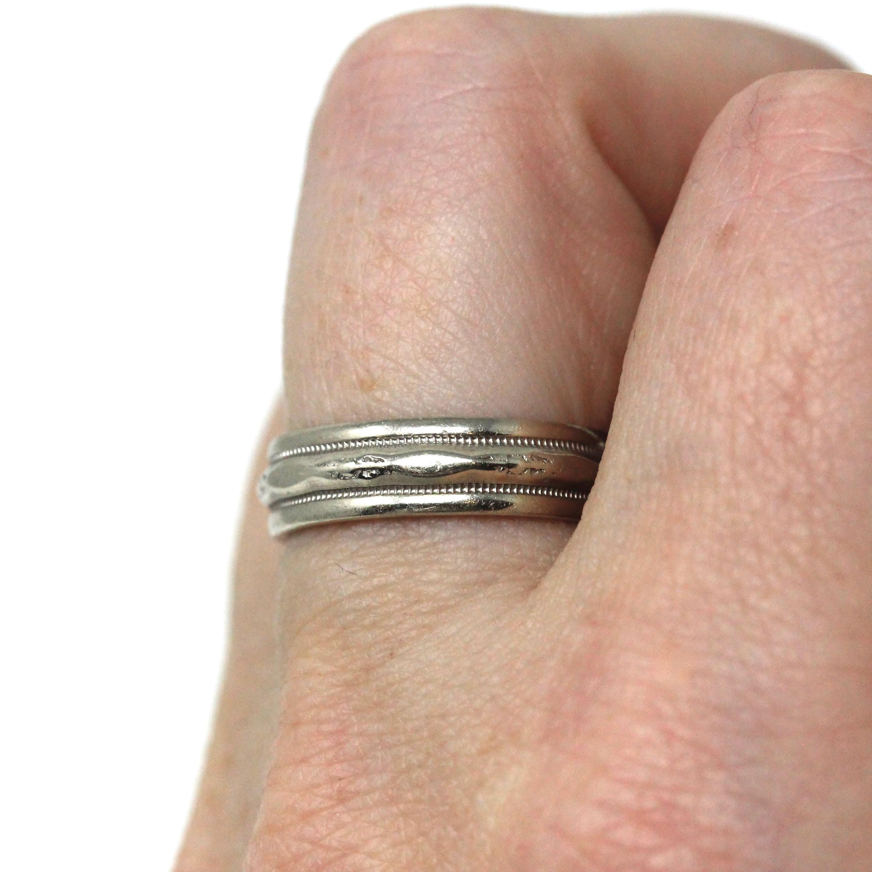 Dated 1964 Band - Retro 14k White Gold Milgrain Orange Blossom Eternity Wedding Ring - Vintage Size 5 1/2 Engraved Fine Statement Jewelry