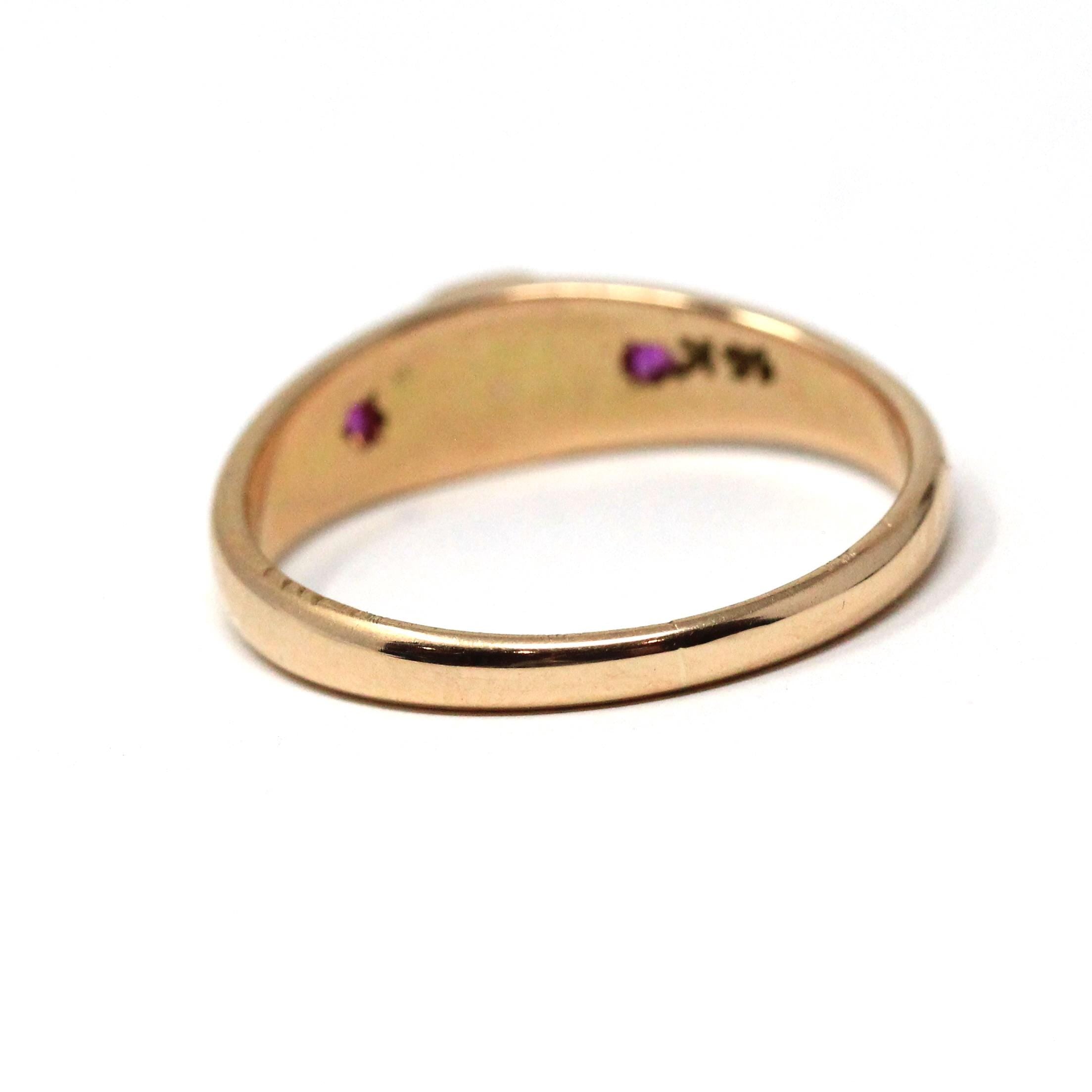 Cultured Pearl Ring - Mid Century 14k Yellow Gold Created Rubies Gemstones - Vintage Circa 1940s Era Size 10 Enamel Fine Statement Jewelry