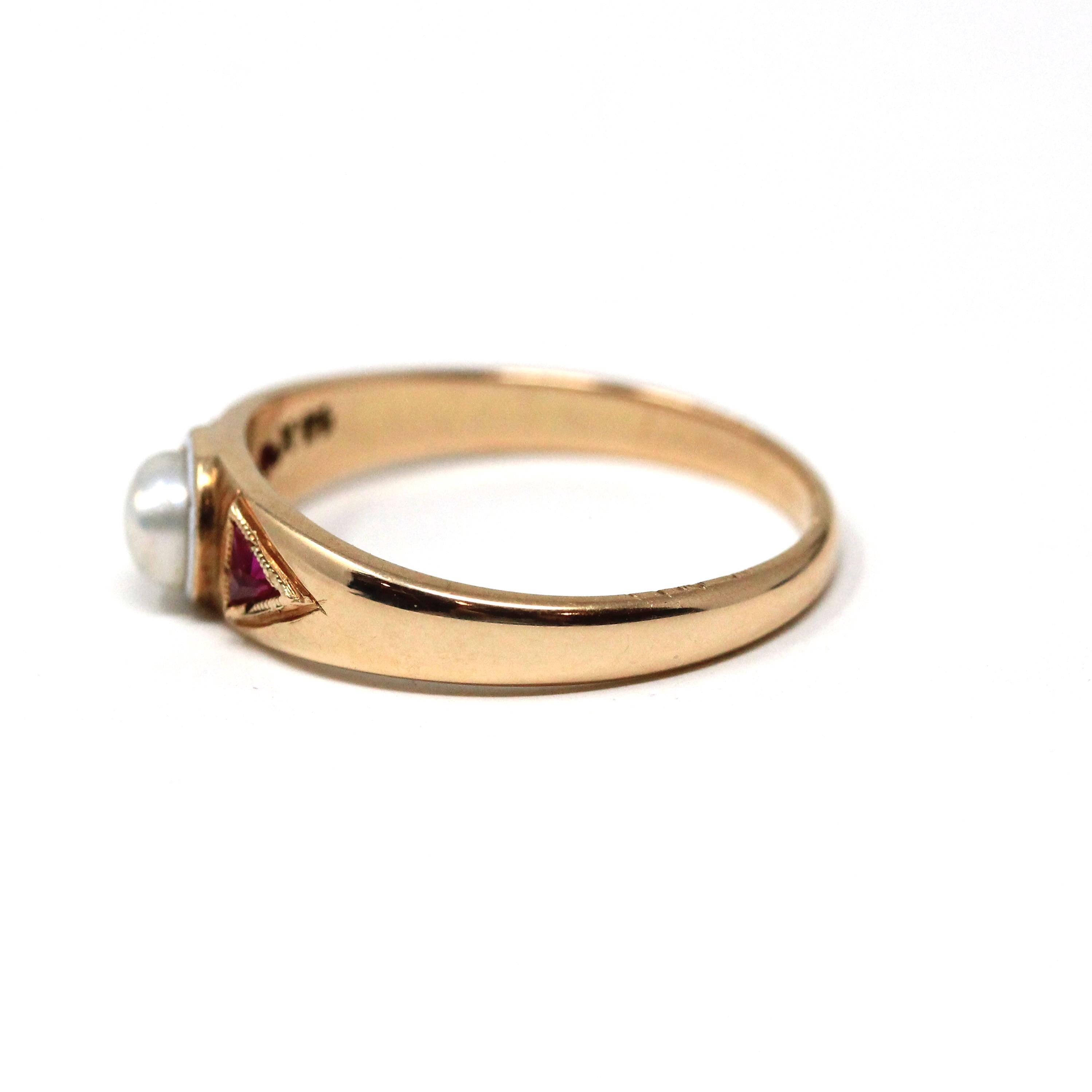 Cultured Pearl Ring - Mid Century 14k Yellow Gold Created Rubies Gemstones - Vintage Circa 1940s Era Size 10 Enamel Fine Statement Jewelry