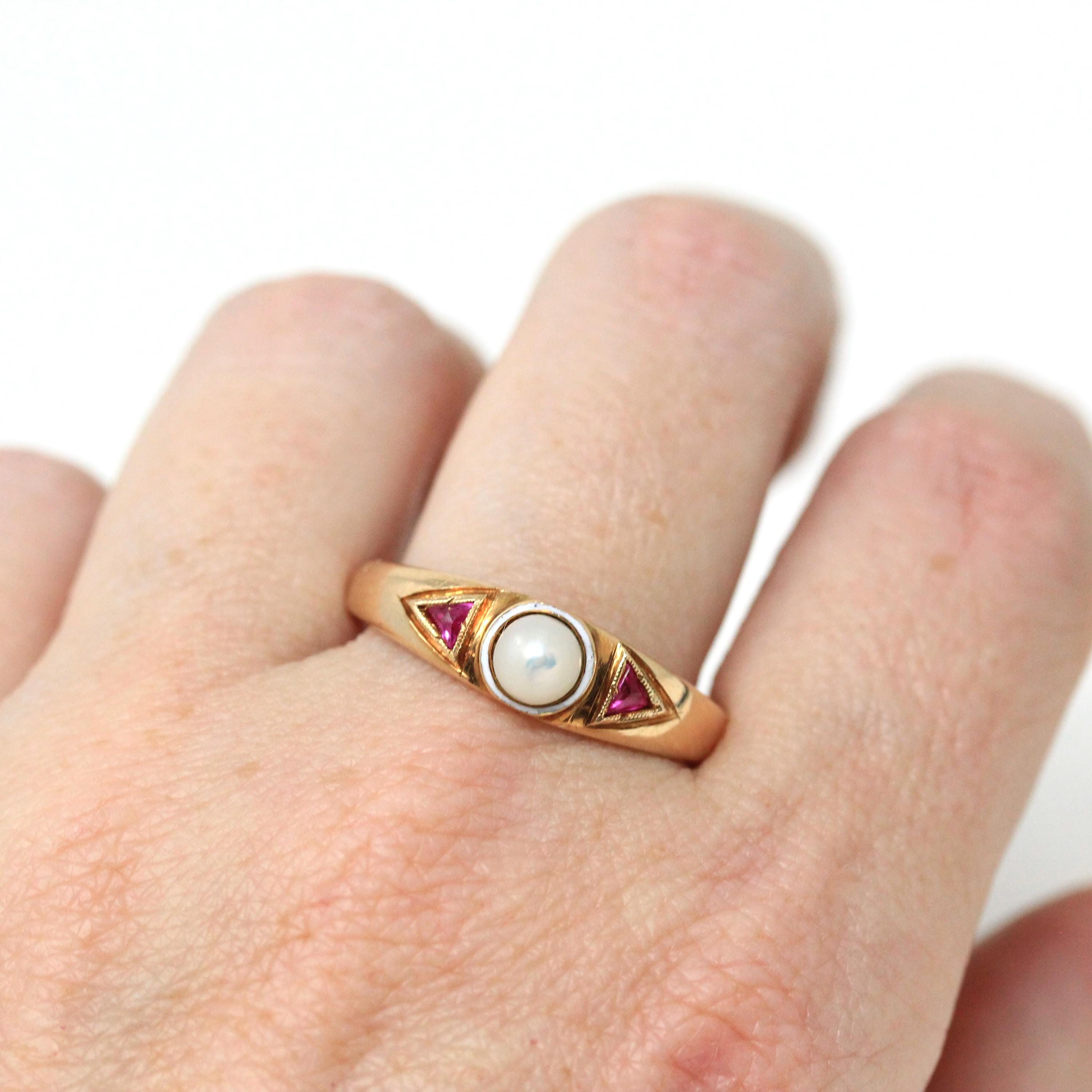 Cultured Pearl Ring - Mid Century 14k Yellow Gold Created Rubies Gemstones - Vintage Circa 1940s Era Size 10 Enamel Fine Statement Jewelry