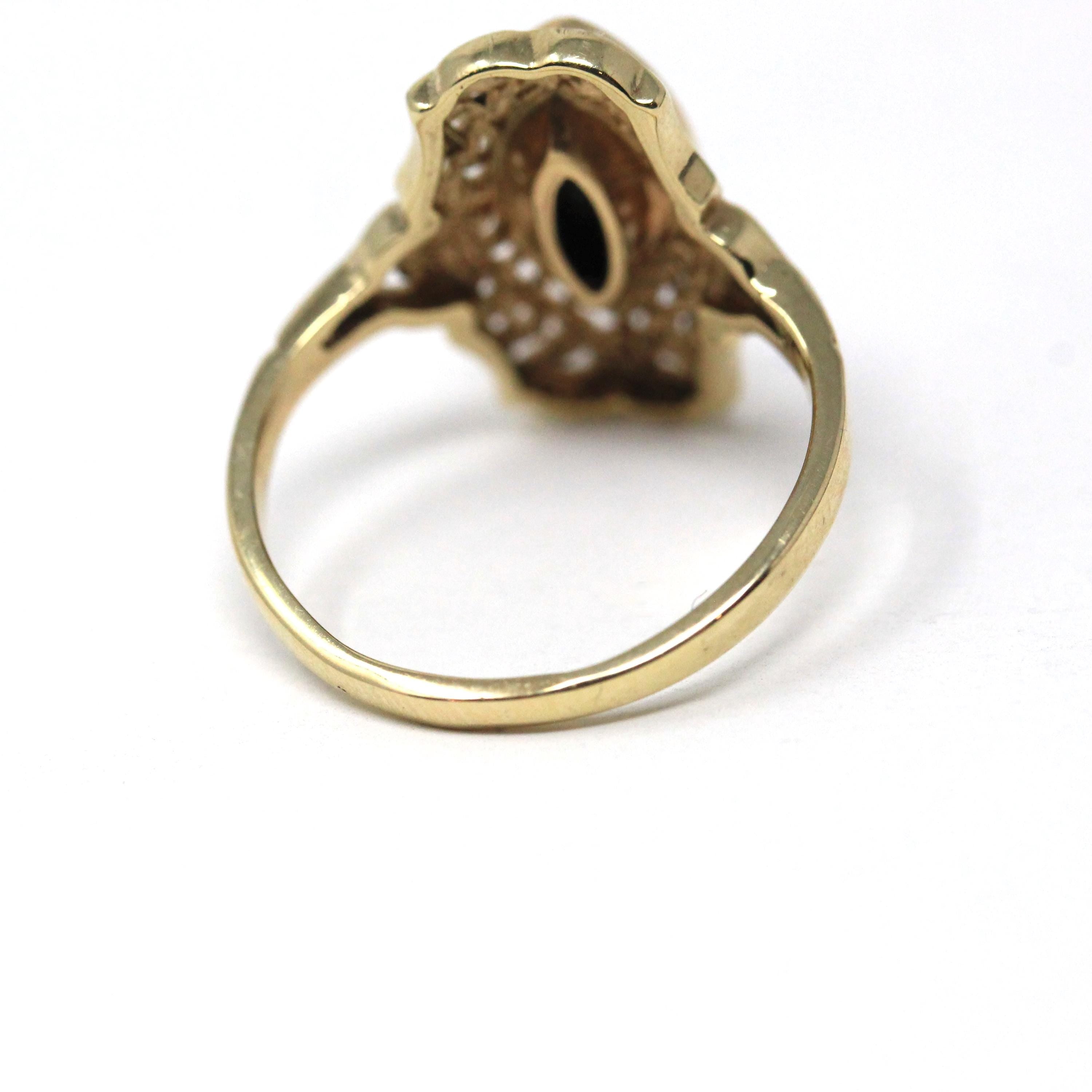 Onyx Filigree Ring - Mid Century 10k Yellow Gold Marquise Black Chalcedony Gem - Vintage Circa 1940s Era Size 6 Diamond Accent Fine Jewelry