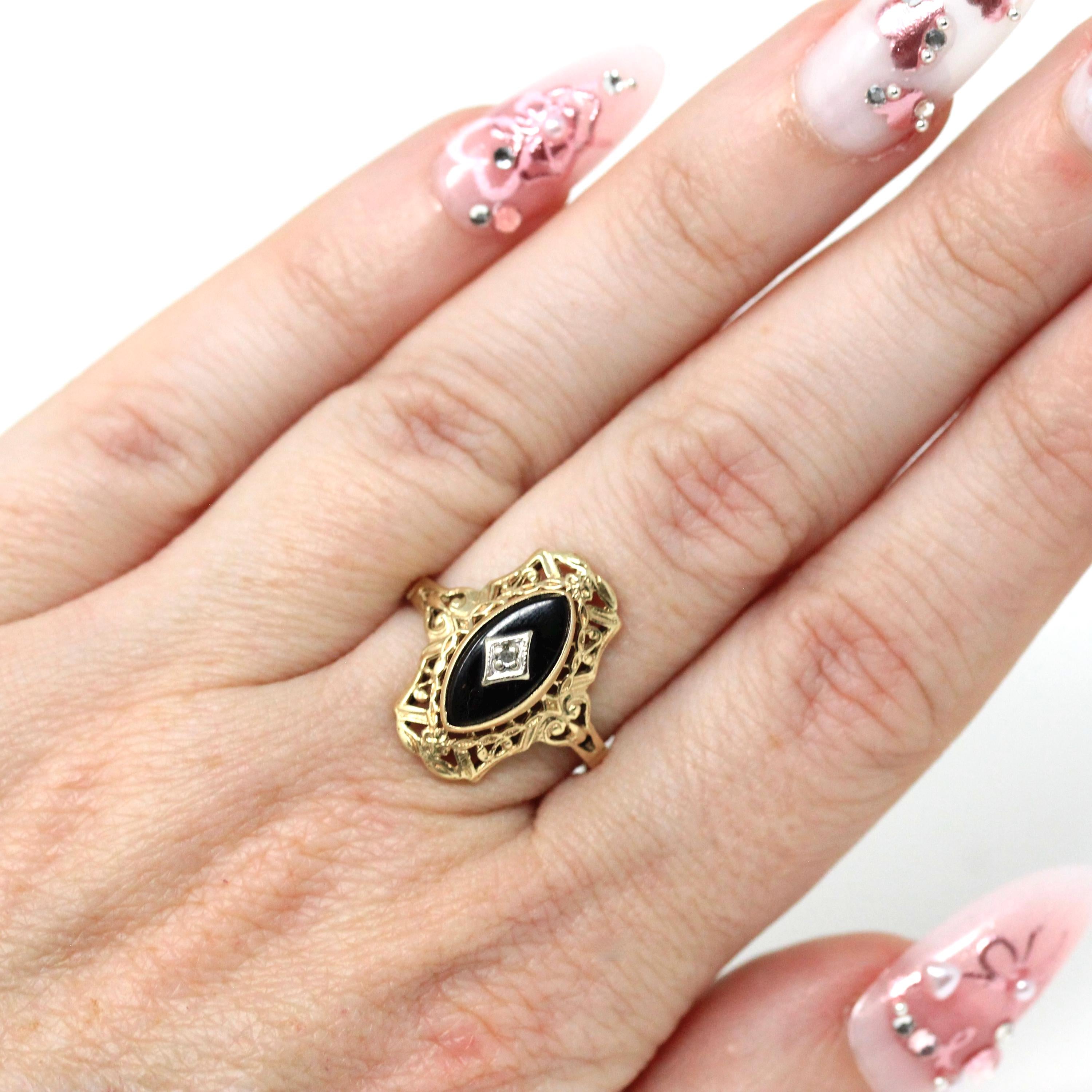 Onyx Filigree Ring - Mid Century 10k Yellow Gold Marquise Black Chalcedony Gem - Vintage Circa 1940s Era Size 6 Diamond Accent Fine Jewelry