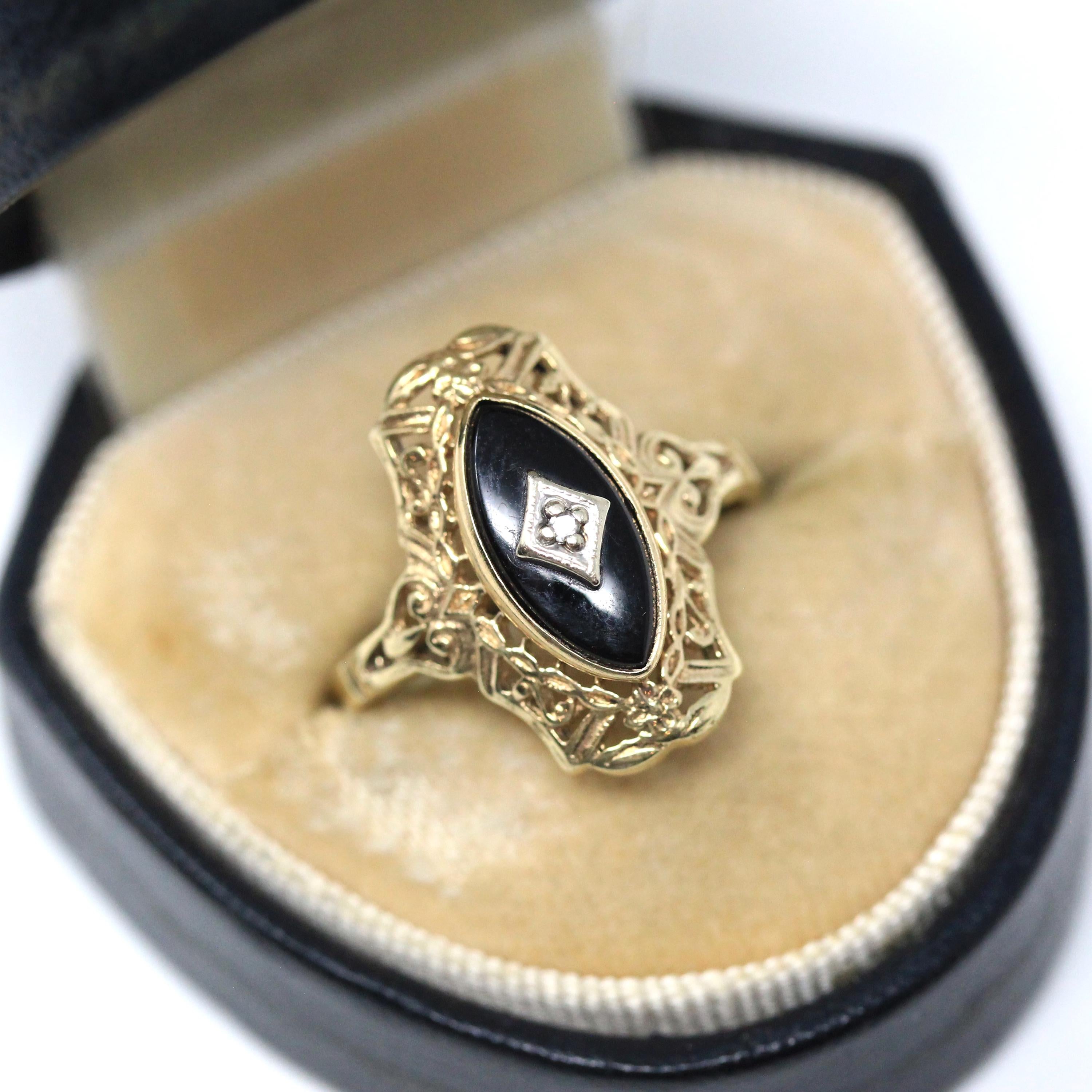 Onyx Filigree Ring - Mid Century 10k Yellow Gold Marquise Black Chalcedony Gem - Vintage Circa 1940s Era Size 6 Diamond Accent Fine Jewelry