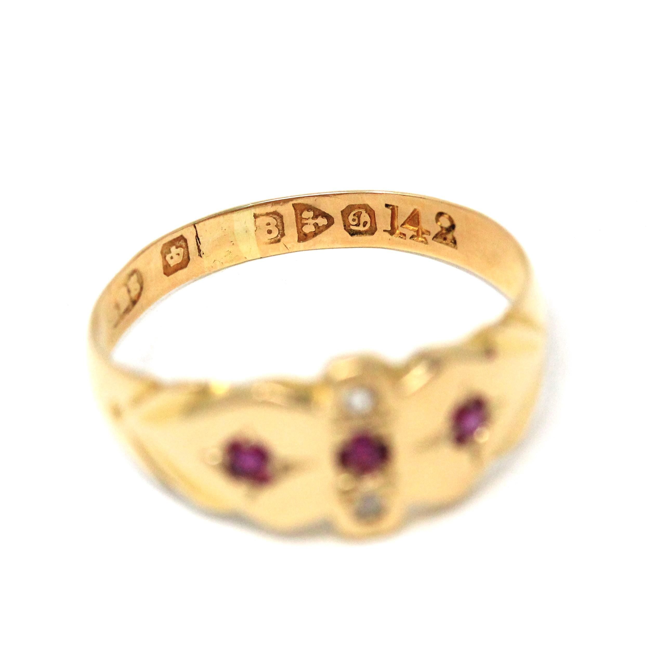 Antique Ruby & Diamond Band - Edwardian 18k Yellow Gold Natural Red White Gemstone Ring - Vintage English Hallmark 1900s Size 6 Fine Jewelry