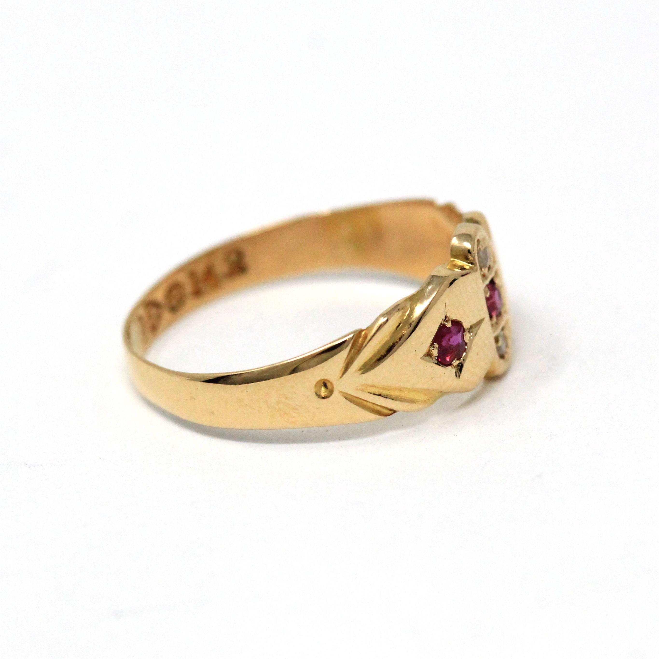 Antique Ruby & Diamond Band - Edwardian 18k Yellow Gold Natural Red White Gemstone Ring - Vintage English Hallmark 1900s Size 6 Fine Jewelry