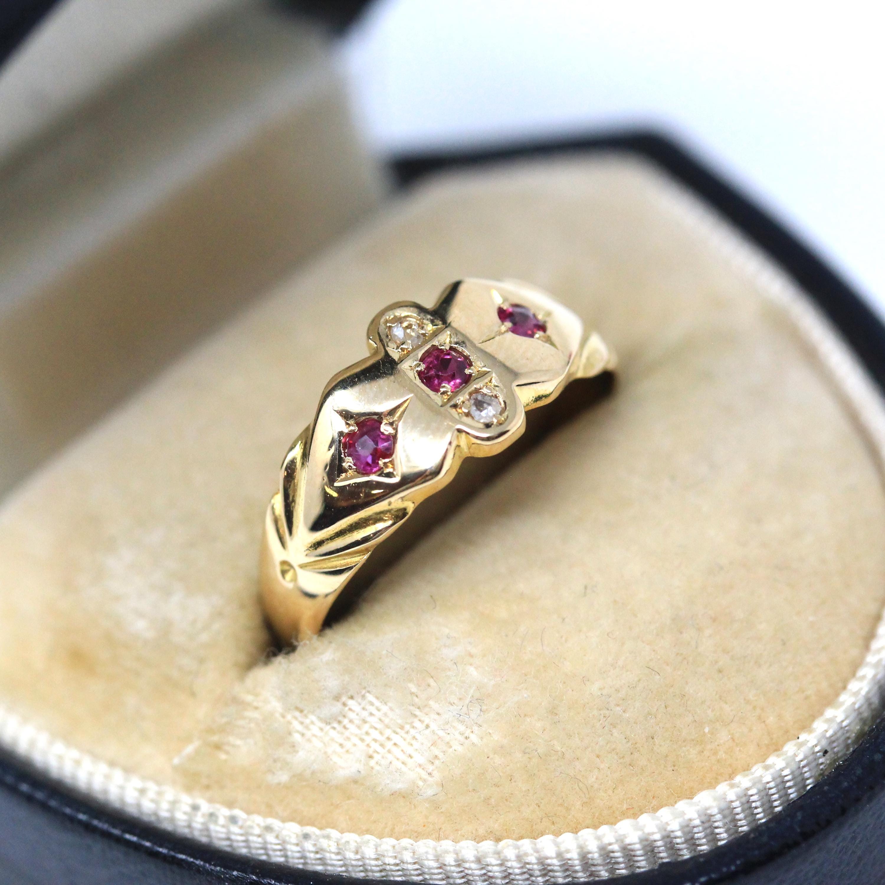 Antique Ruby & Diamond Band - Edwardian 18k Yellow Gold Natural Red White Gemstone Ring - Vintage English Hallmark 1900s Size 6 Fine Jewelry