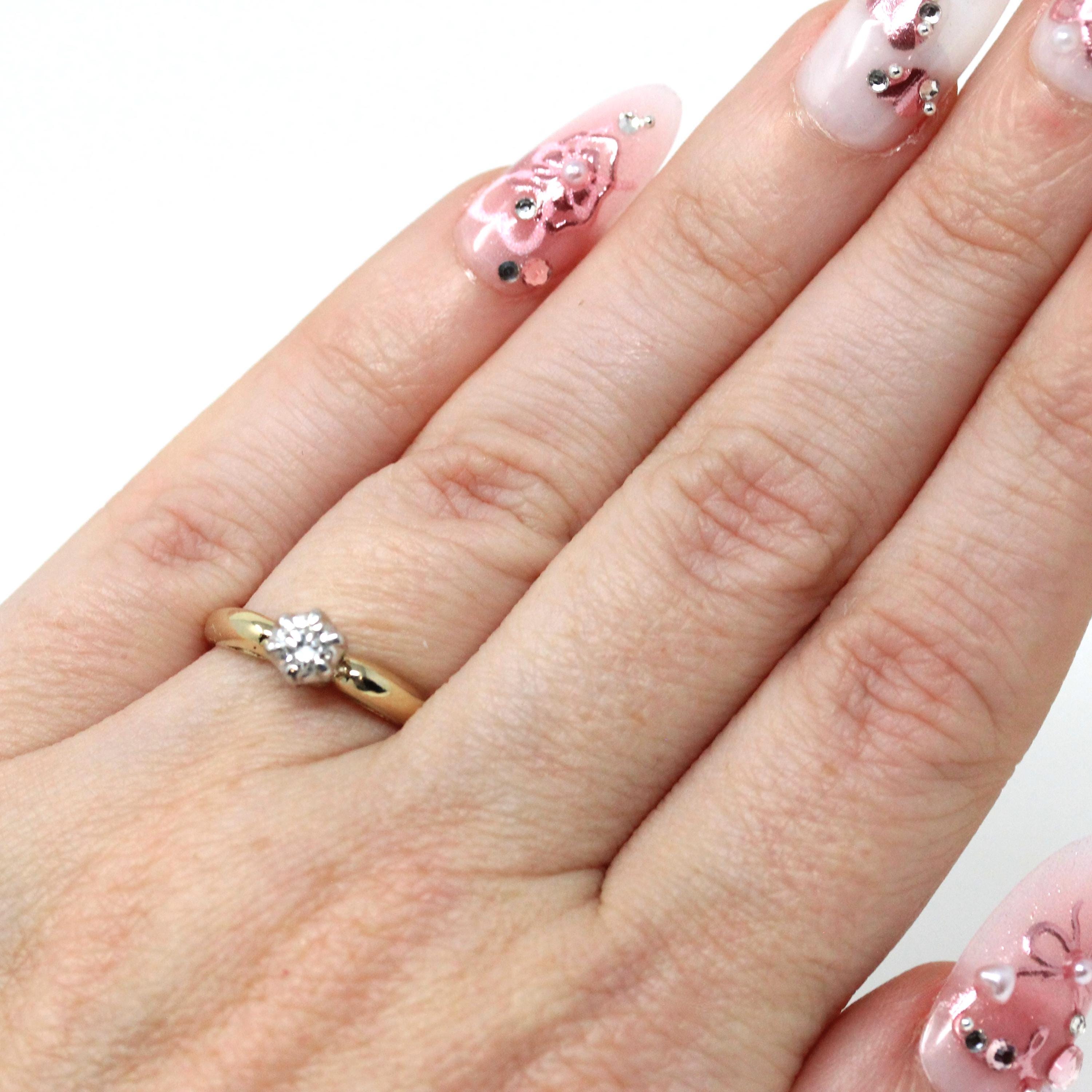 Diamond Solitaire Ring - Retro 14k Yellow & White Gold Natural .20 CT Gemstone - Vintage Circa 1960s Era Size 4.5 Fine Engagement Jewelry