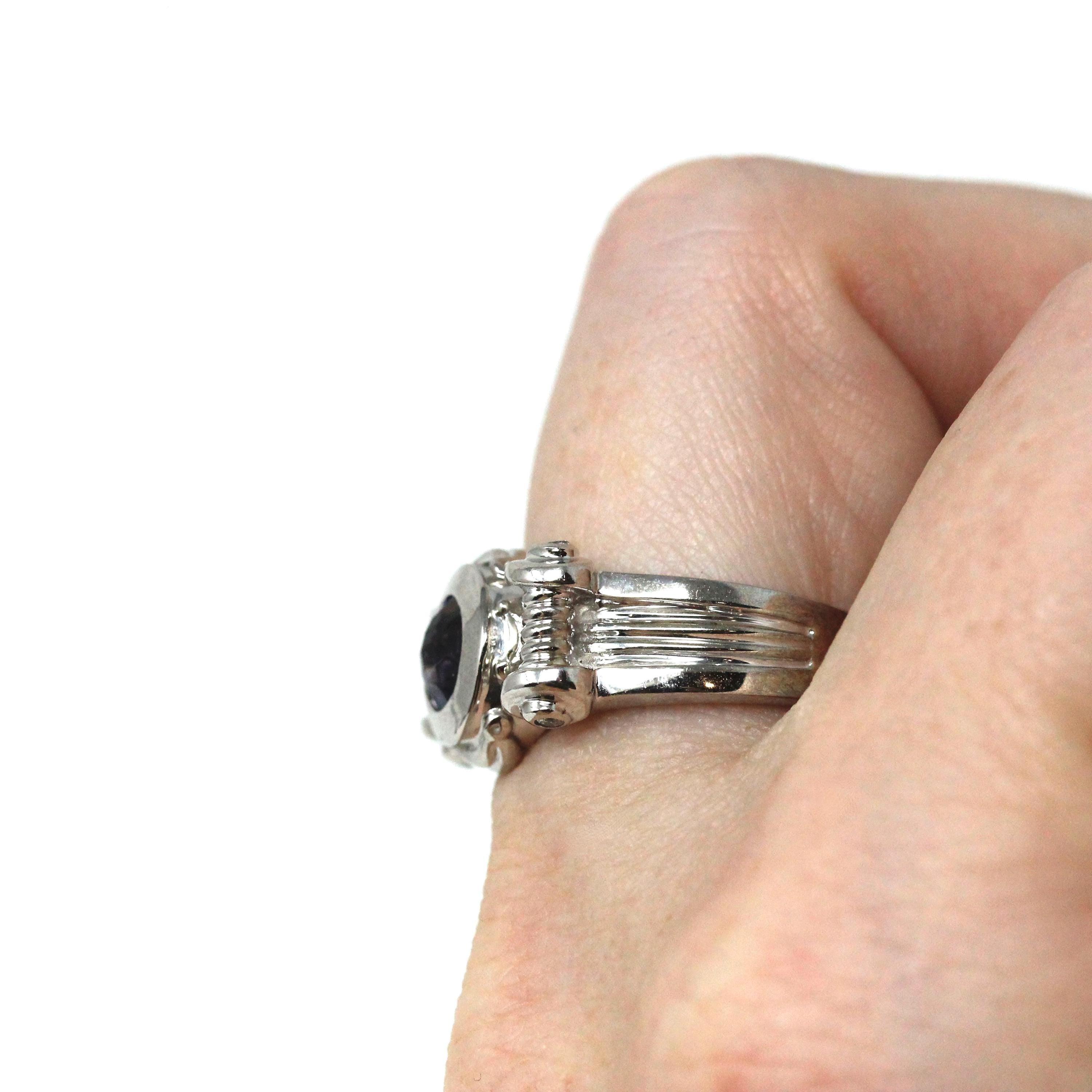 Modern Iolite Ring - 14k White Gold Scroll Design Purple Blue Gemstone & Diamond Accents - Estate Size 6 3/4 Unisex Fine Statement Jewelry