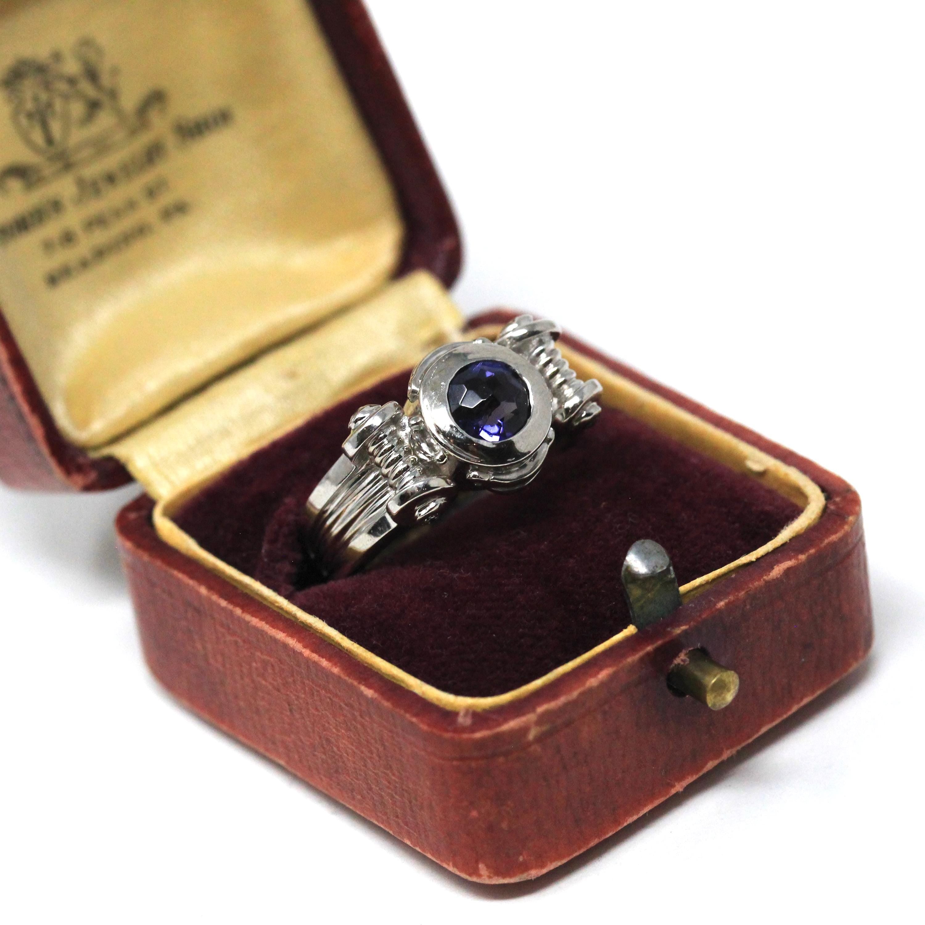 Modern Iolite Ring - 14k White Gold Scroll Design Purple Blue Gemstone & Diamond Accents - Estate Size 6 3/4 Unisex Fine Statement Jewelry