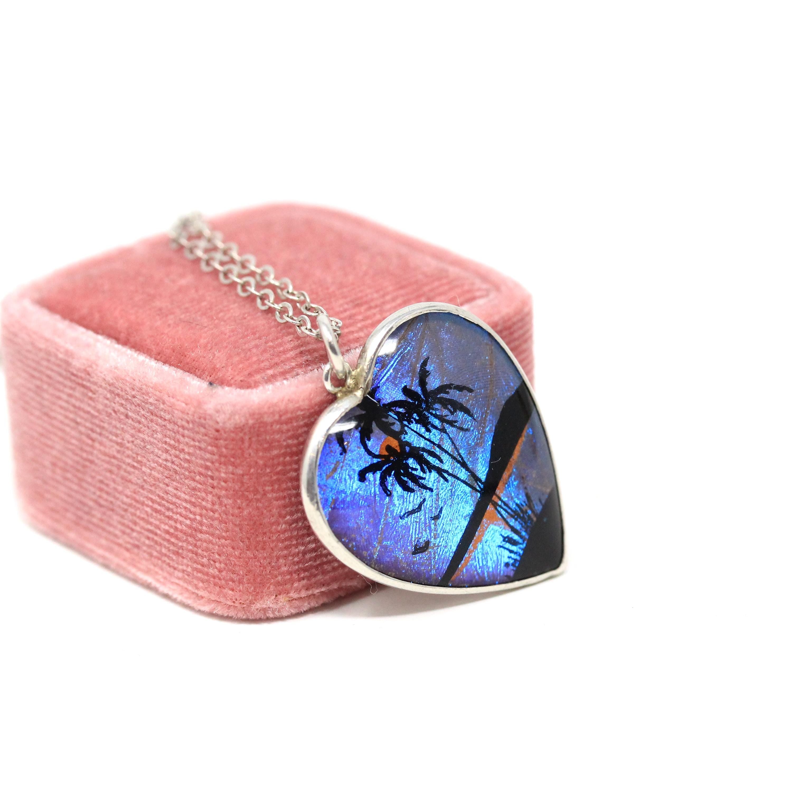 Morpho Butterfly Pendant - Mid Century Sterling Silver Blue Wing Heart Necklace - Vintage Circa 1940s Era Palm Tree Beach Sunset Jewelry