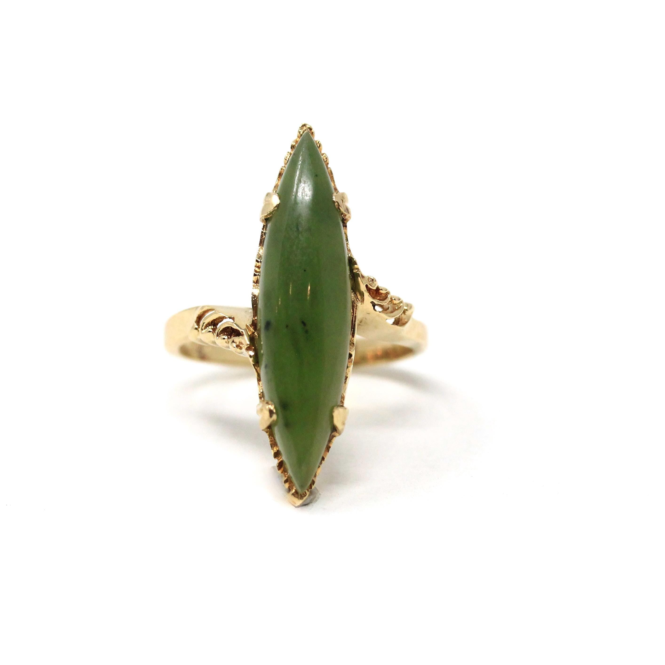 Nephrite Jade Ring - Retro 10k Yellow Gold Marquise Cut Natural Green Gemstone - Vintage Circa 1970s Era Size 6 1/2 Bypass Fine 70s Jewelry