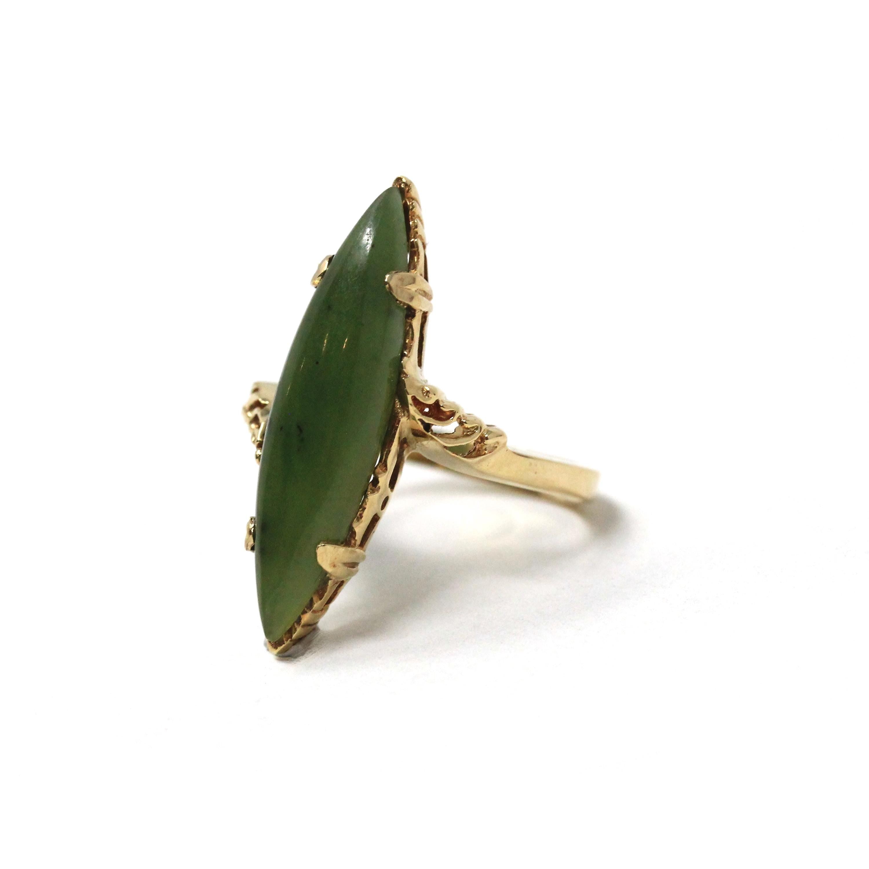 Nephrite Jade Ring - Retro 10k Yellow Gold Marquise Cut Natural Green Gemstone - Vintage Circa 1970s Era Size 6 1/2 Bypass Fine 70s Jewelry