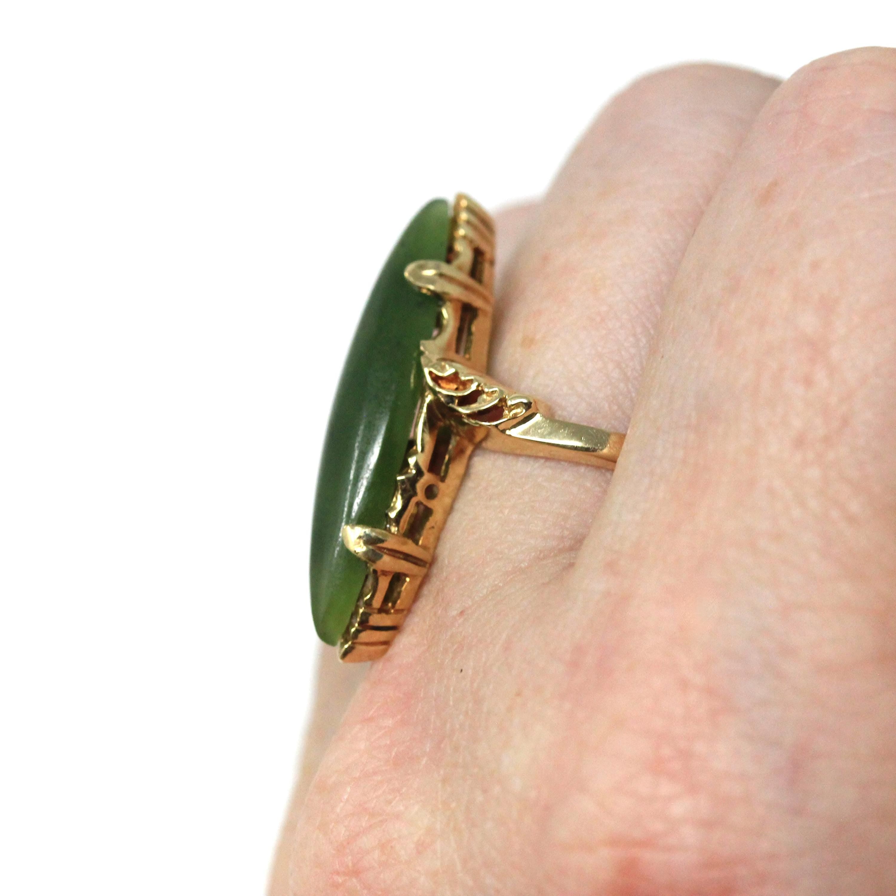Nephrite Jade Ring - Retro 10k Yellow Gold Marquise Cut Natural Green Gemstone - Vintage Circa 1970s Era Size 6 1/2 Bypass Fine 70s Jewelry