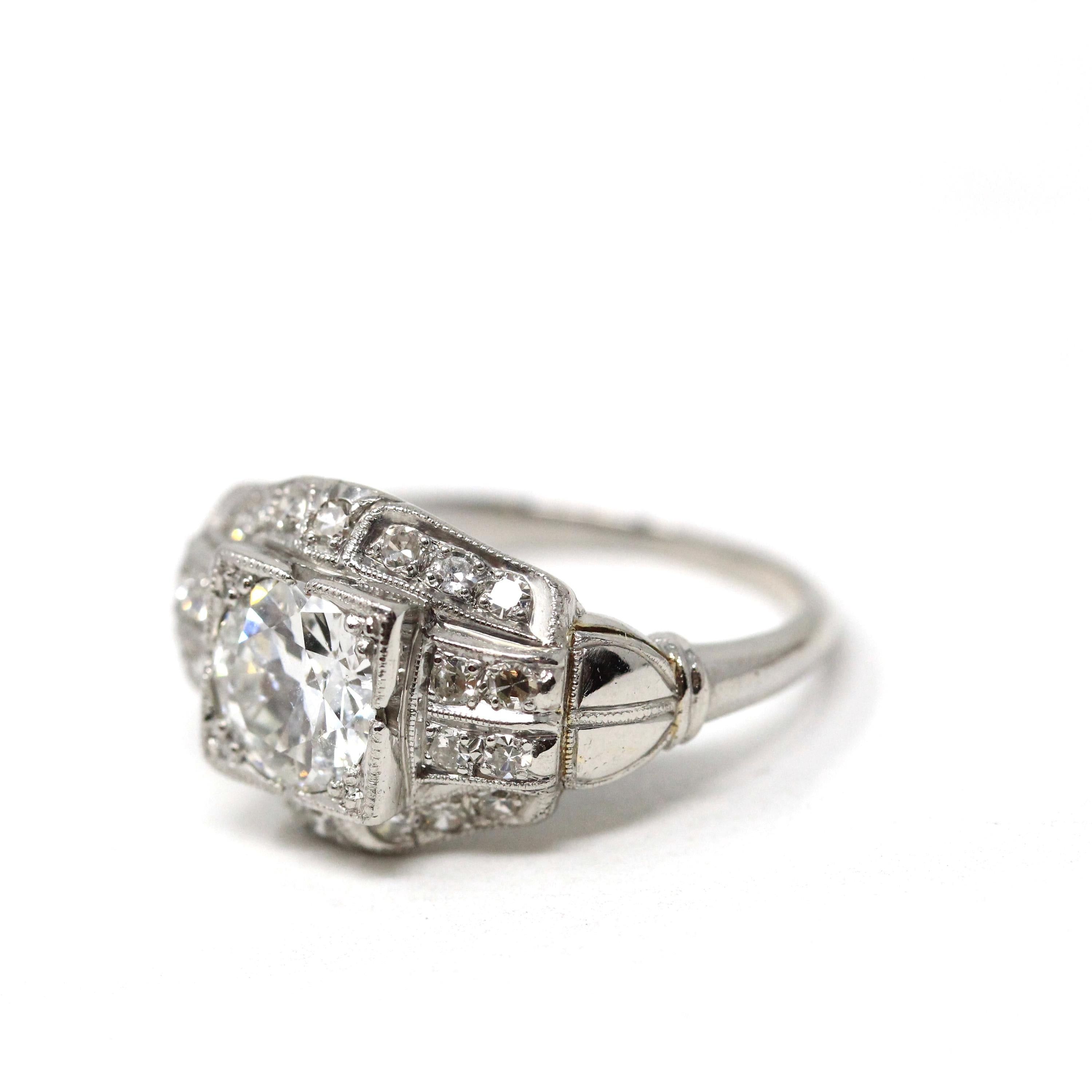 Art Deco Diamond Ring - Vintage Platinum 1.40 CTW Natural Gemstones - Circa 1930s Era Die Struck Geometric Size 7 Fine 30s Report Jewelry