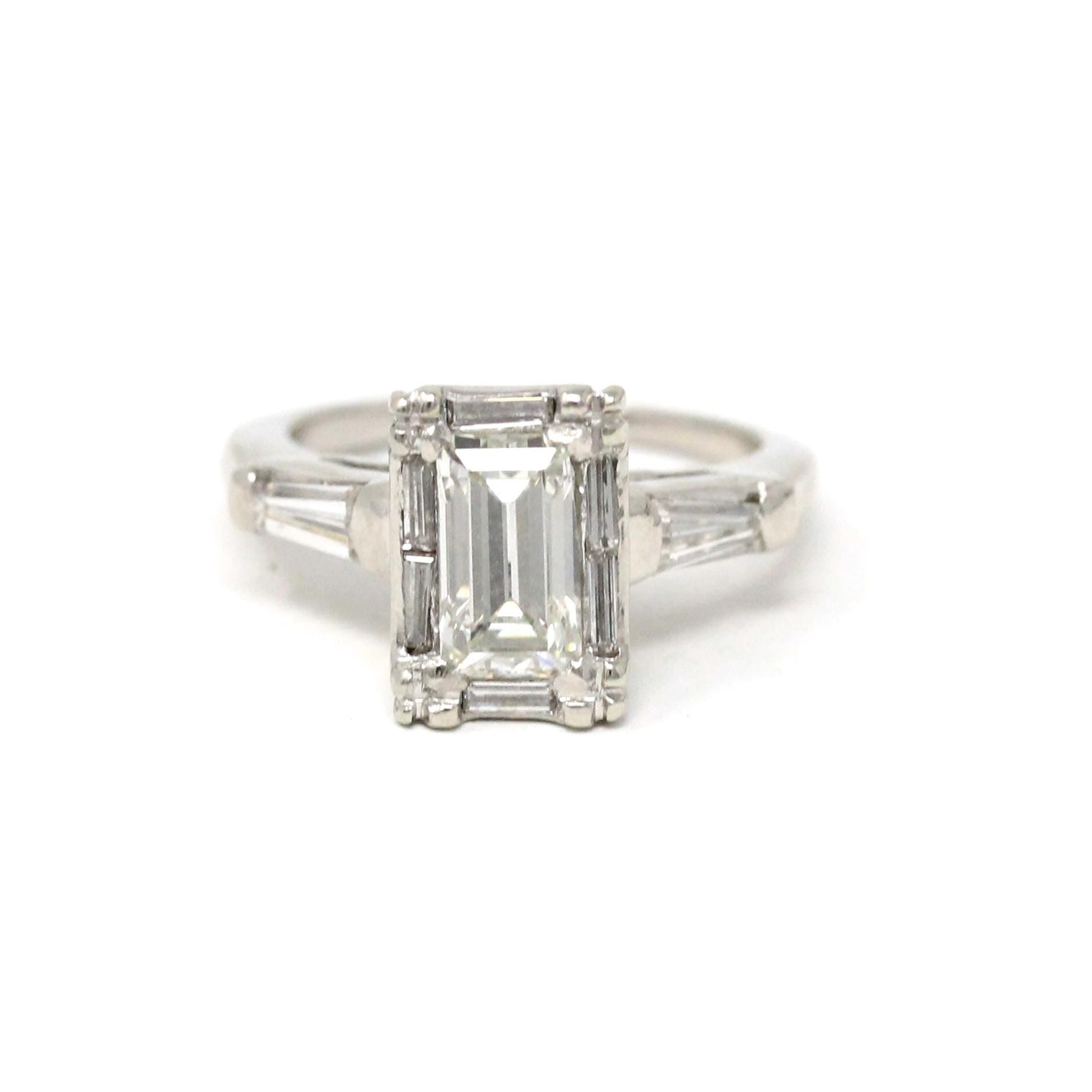 Vintage 1.57 ctw Diamond Ring - Mid Century Platinum Emerald Baguette Cut Natural Diamonds - Circa 1950s Size 4 1/4 Report Fine Jewelry