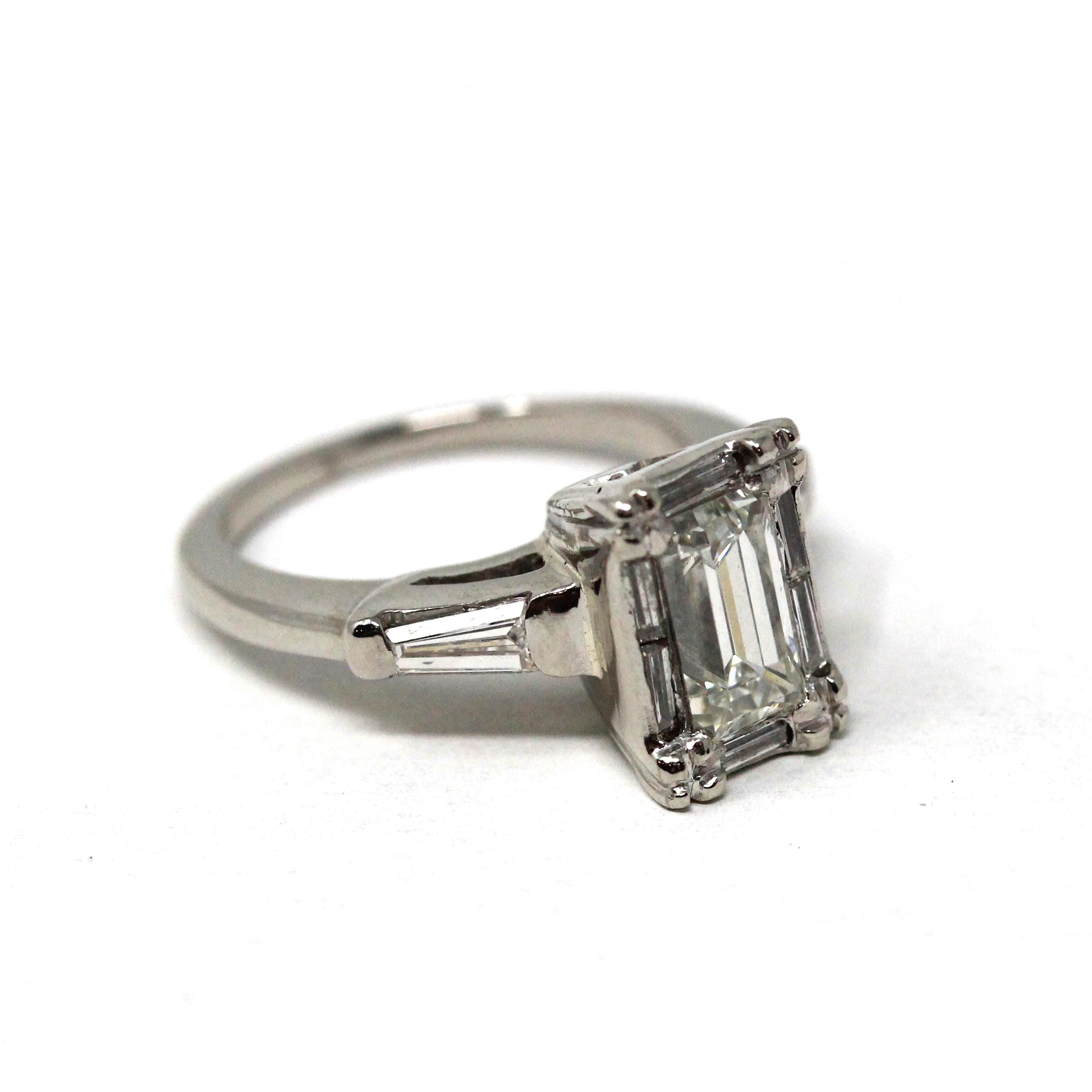 Vintage 1.57 ctw Diamond Ring - Mid Century Platinum Emerald Baguette Cut Natural Diamonds - Circa 1950s Size 4 1/4 Report Fine Jewelry