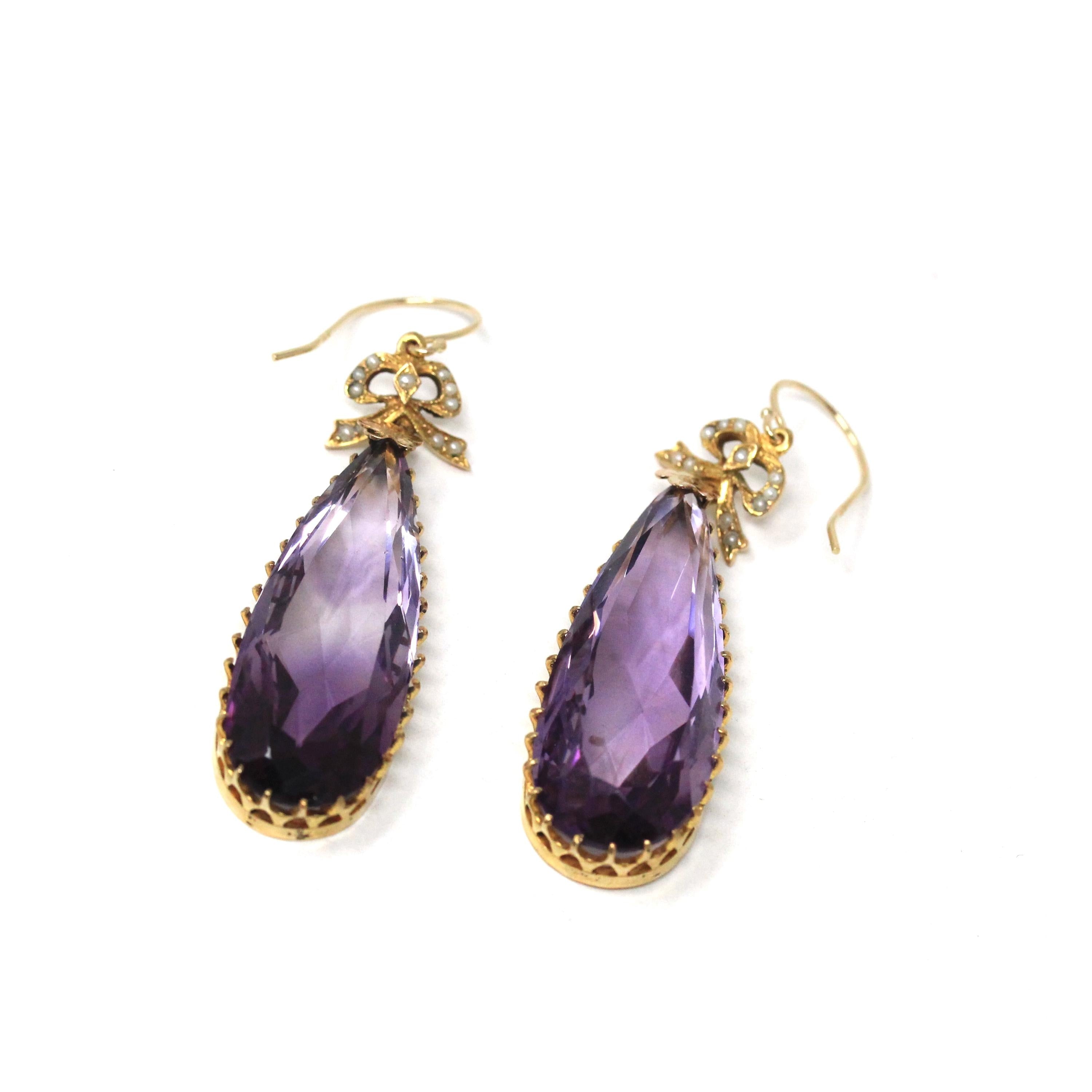 Antique Amethyst Earrings - Edwardian 10k Yellow Gold Natural Purple Teardrop Gemstone - Vintage 1910s Seed Pearl Bow Hook Wire Fine Jewelry
