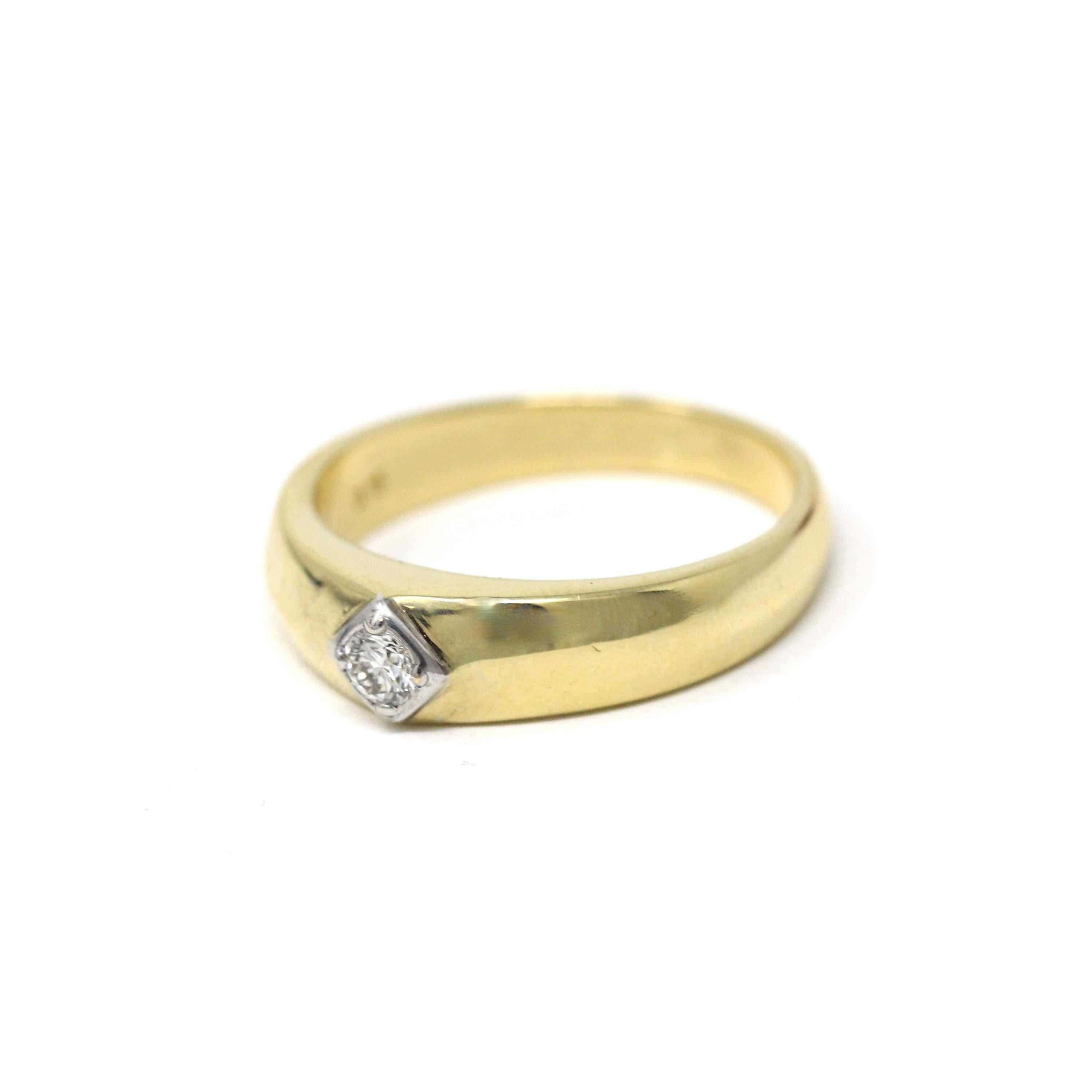Vintage Diamond Ring - Estate 14k Yellow & White Gold Single Gemstone Tapered Band - Modern Size 10 Unisex Men's Wedding Two Tone Jewelry