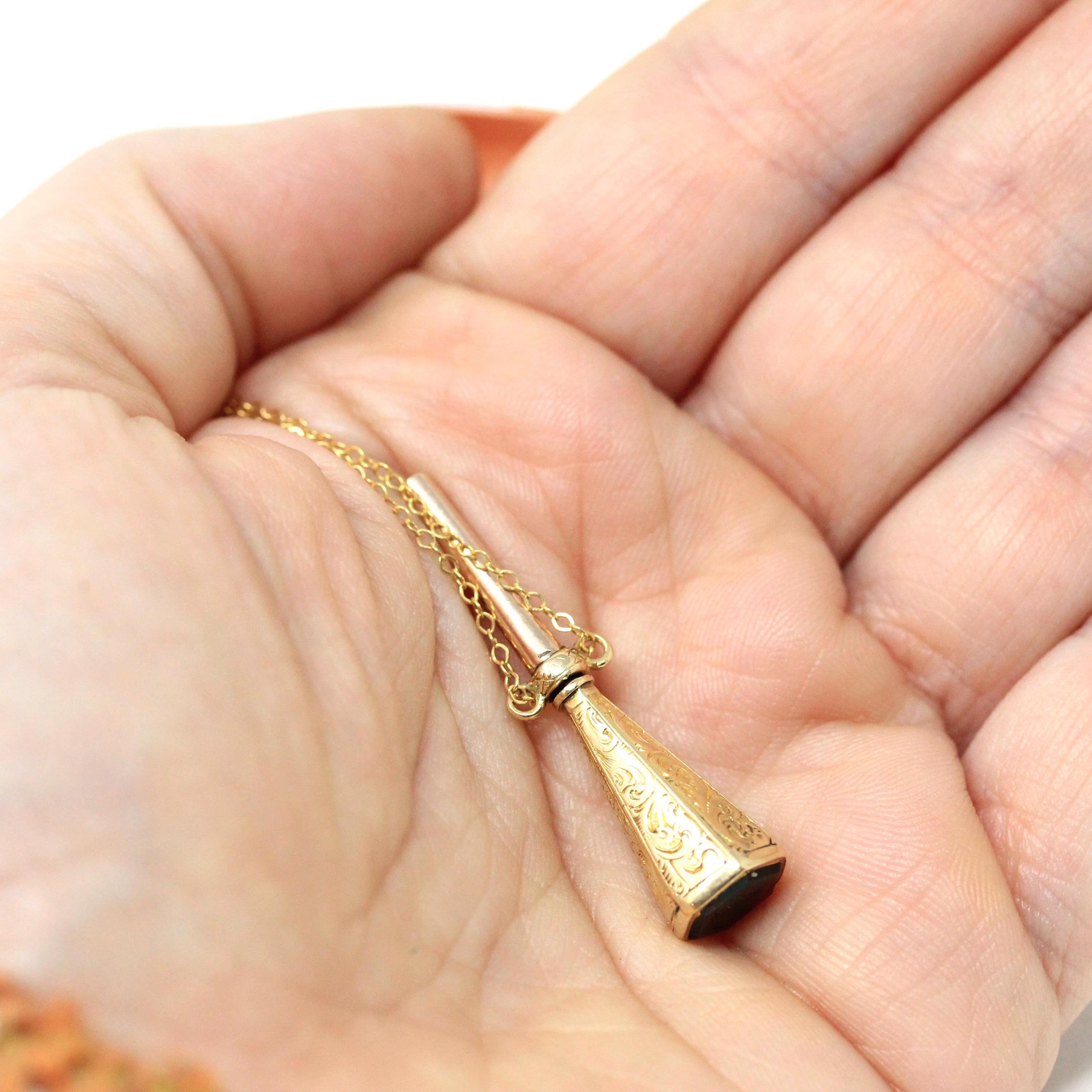 Antique Bloodstone Fob - Victorian Era 14k Yellow Gold Wax Seal Stamper Charm - Circa 1890 Engraved Hidden Watch Key Fine Chatelaine Jewelry