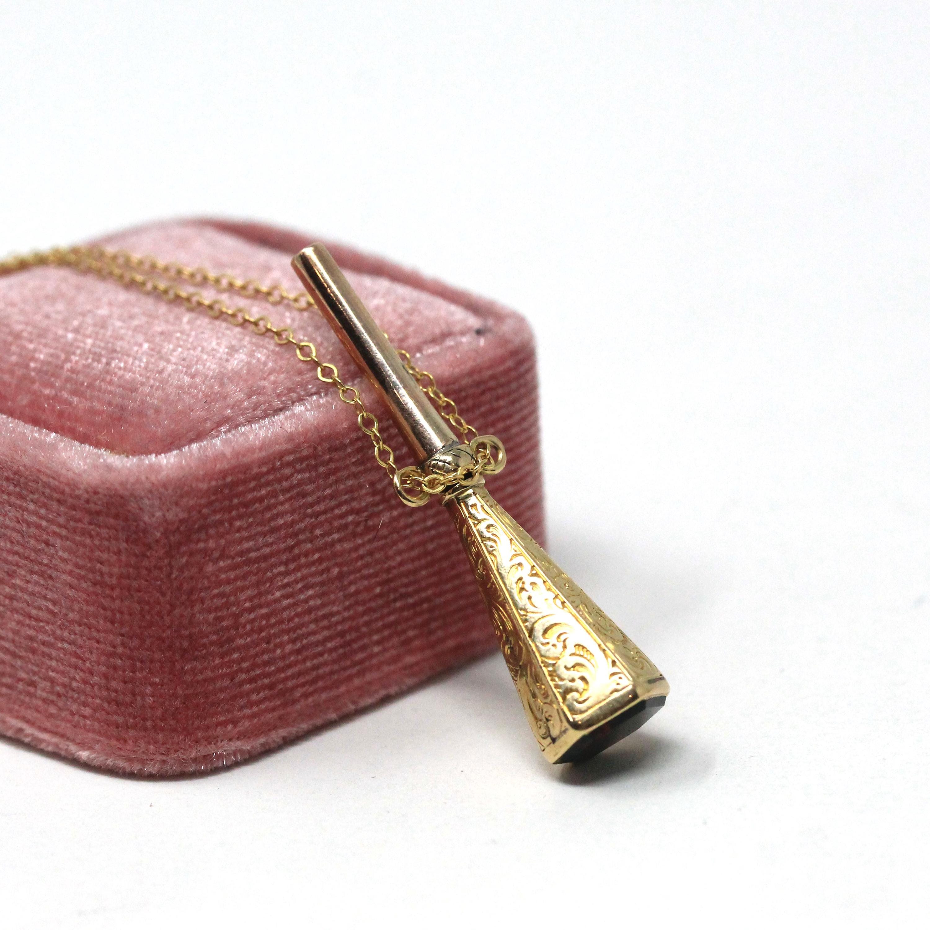 Antique Bloodstone Fob - Victorian Era 14k Yellow Gold Wax Seal Stamper Charm - Circa 1890 Engraved Hidden Watch Key Fine Chatelaine Jewelry