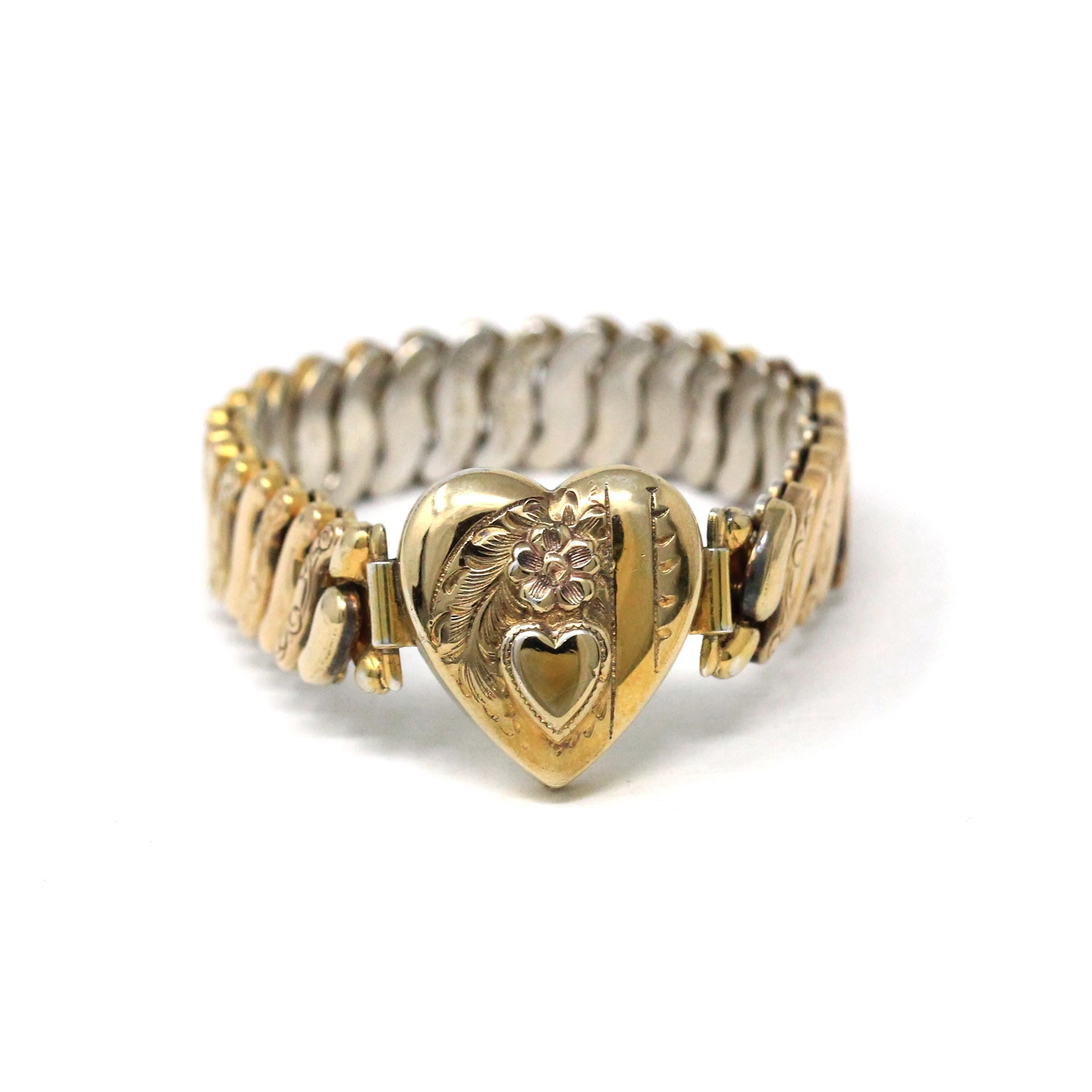 Vintage Expansion Bracelet - Retro 10k Gold Filled Sterling Base Heart Flower Stretch Links - Circa 1940s Era Statement Co Star 40s Jewelry