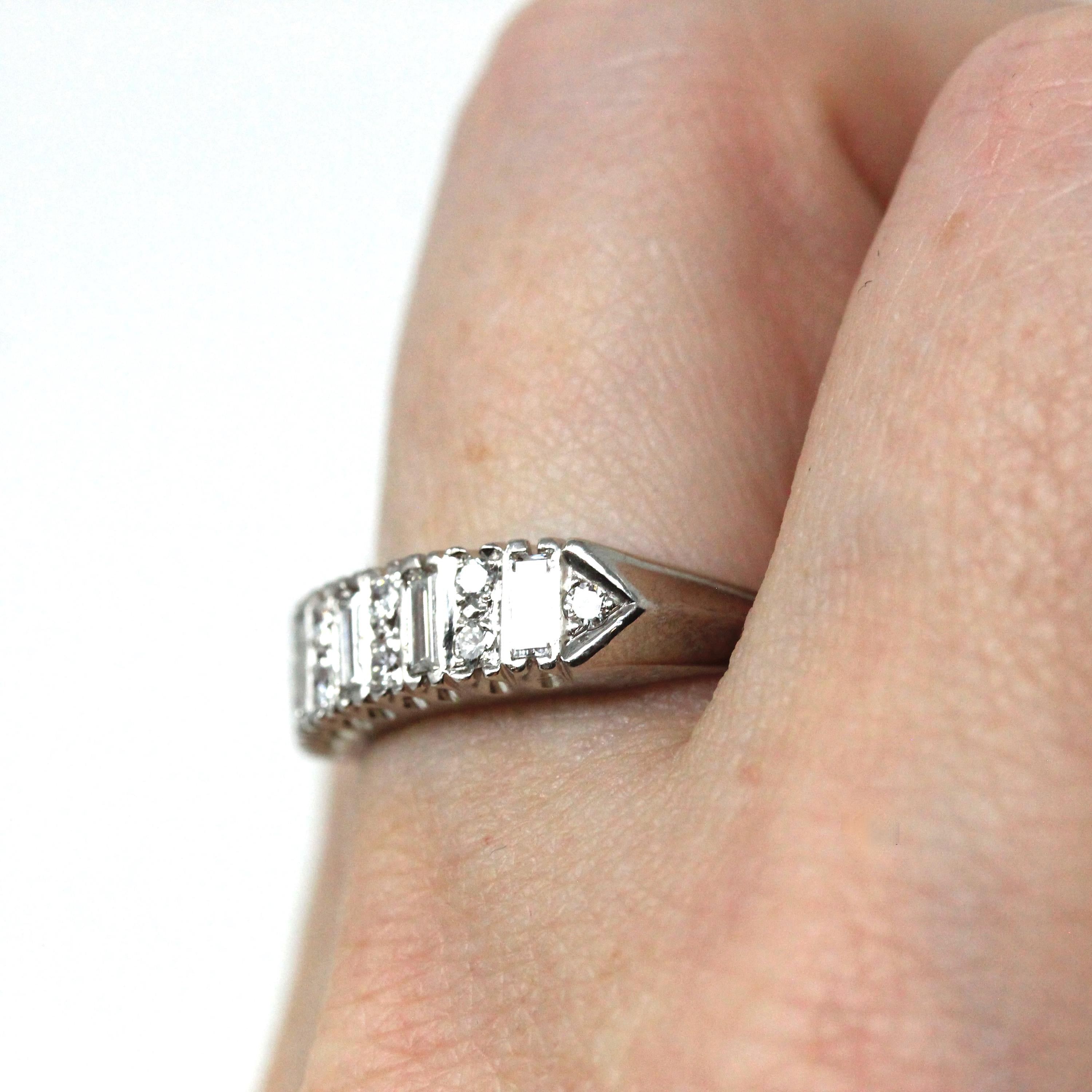 Mid Century Diamond Band - Vintage Platinum Natural Baguette Round Cut Gemstones Wedding Bridal Ring - Circa 1960s Size 7 1/4 Fine Jewelry