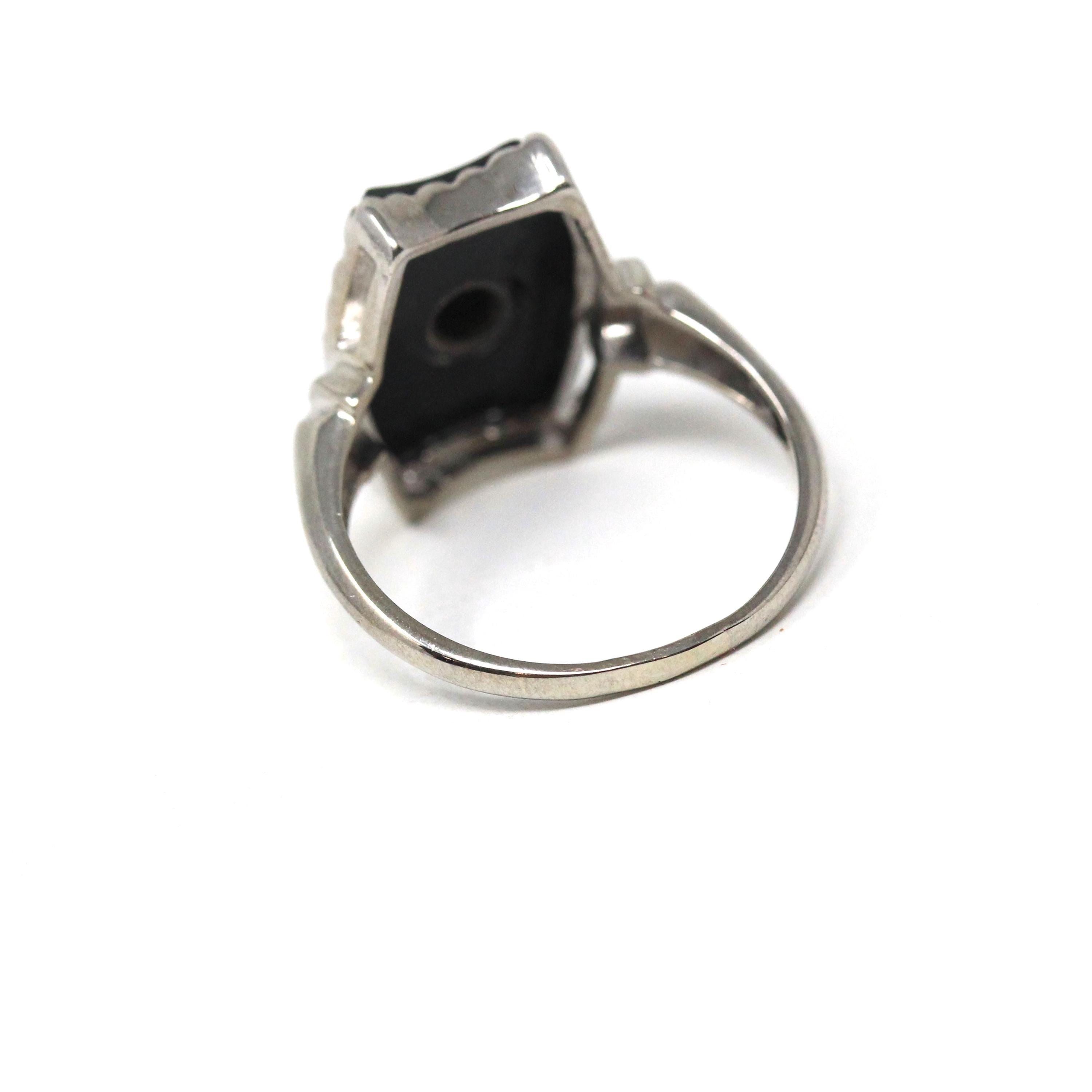 Mid Century Onyx Ring - Vintage 10k White Gold Fancy Cut Black Chalcedony & Diamond Gemstone - Circa 1960s Era Size 7 1/4 Fine 60s Jewelry