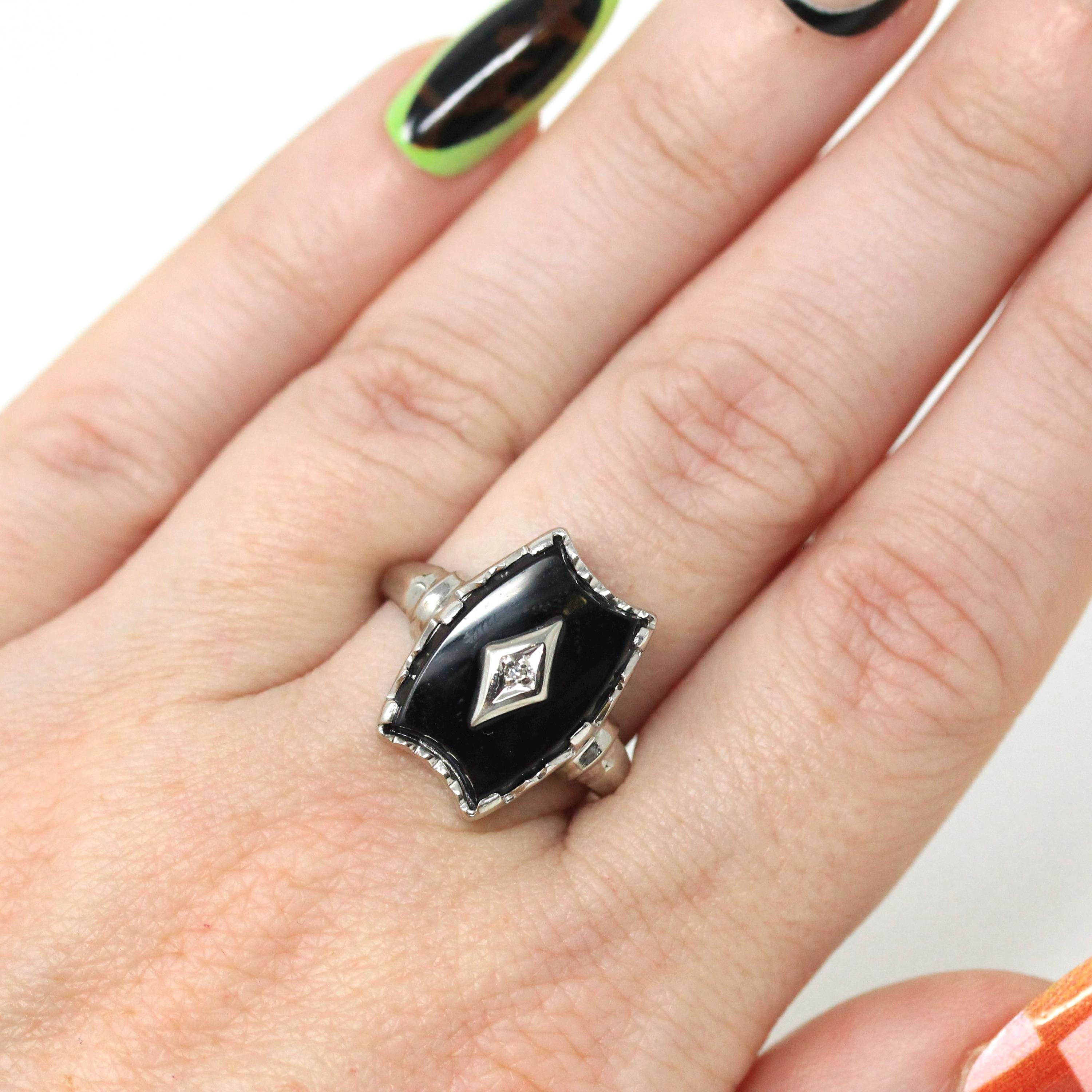 Mid Century Onyx Ring - Vintage 10k White Gold Fancy Cut Black Chalcedony & Diamond Gemstone - Circa 1960s Era Size 7 1/4 Fine 60s Jewelry