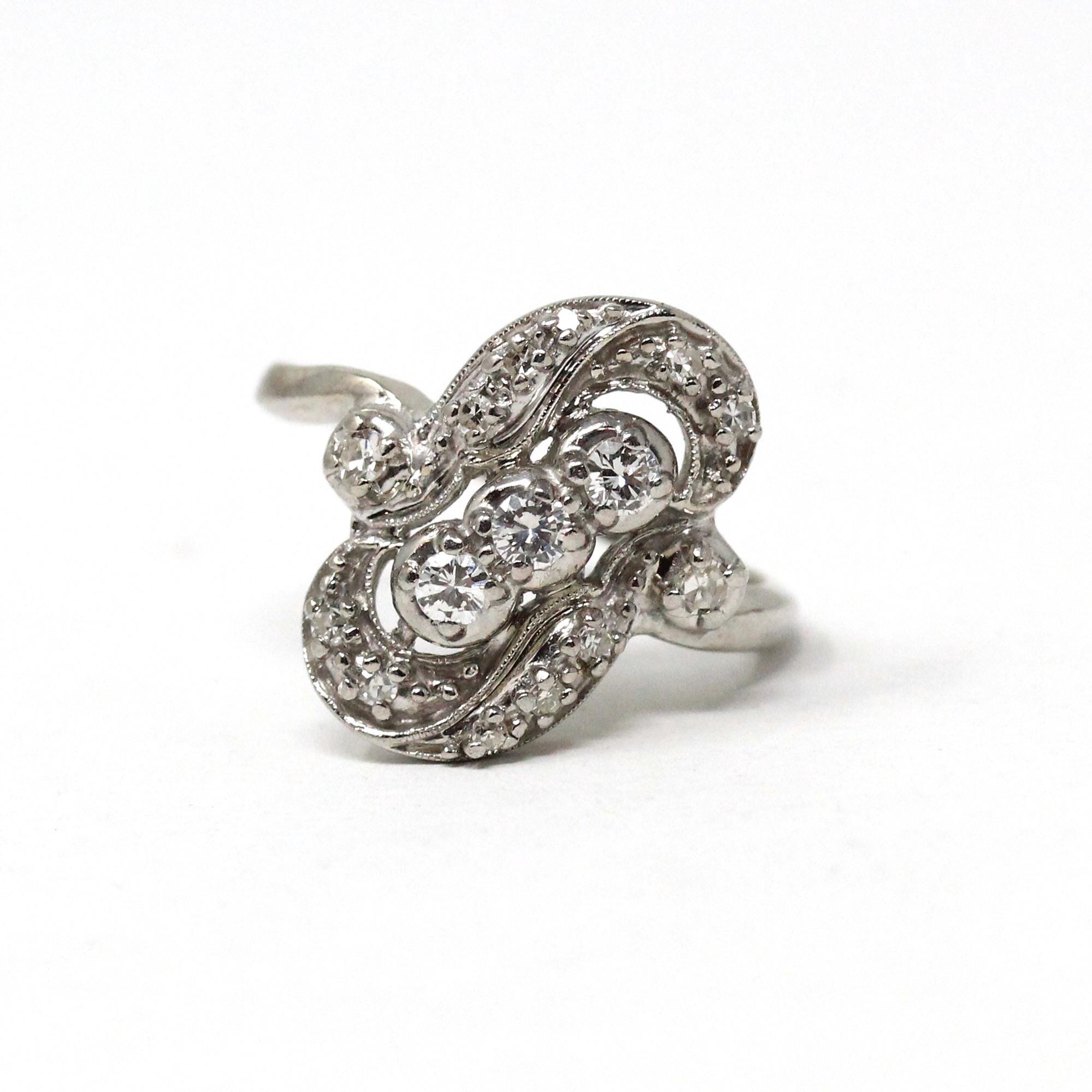 Diamond Cluster Ring - Estate 14k White Gold Natural Gems - Modern Mid Century Style Size 7 1/4 Vintage Inspired Halo Bypass Fine Jewelry