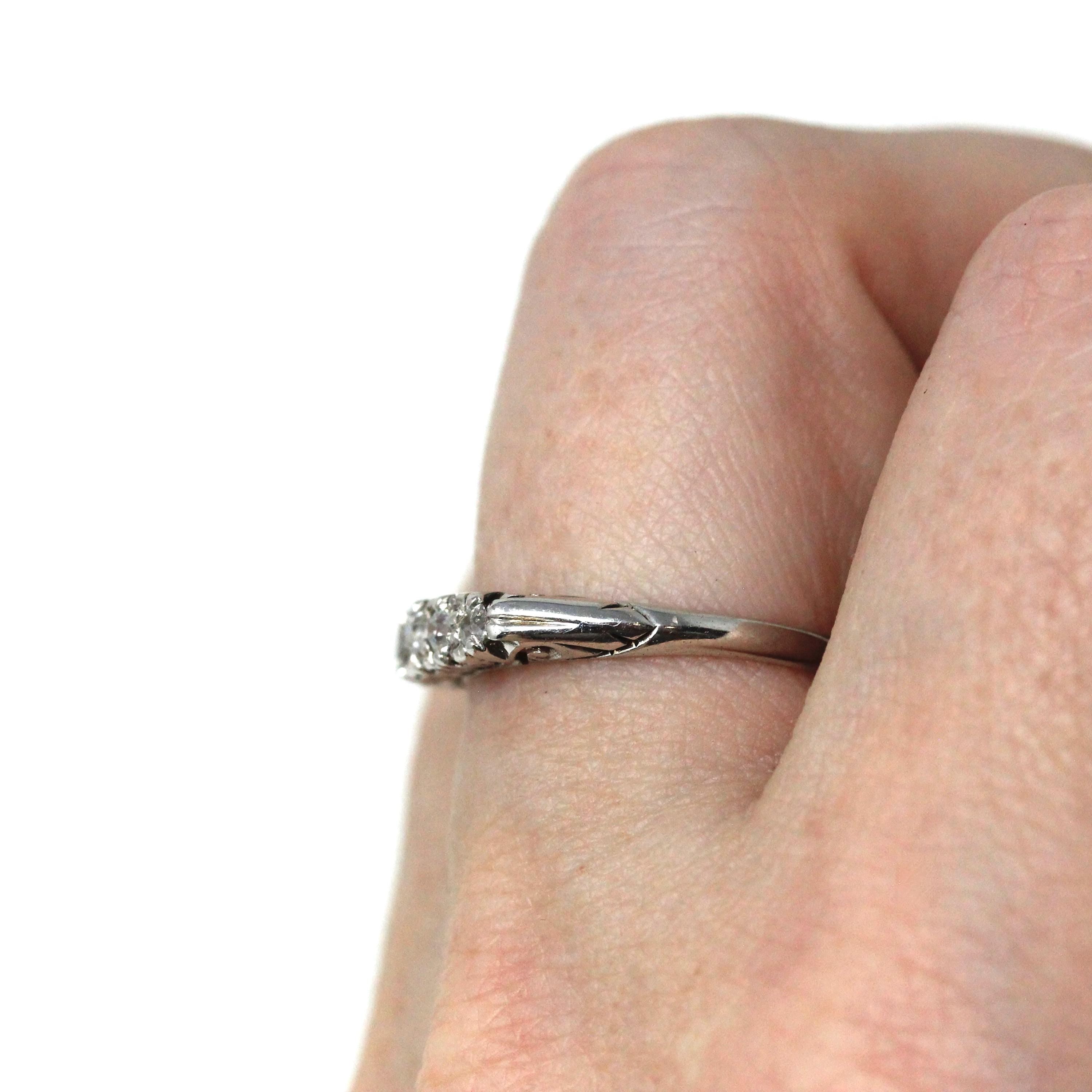 Antique Diamond Band - Vintage 10k Rhodiumed Yellow Gold Natural .25 CTW Five Stone Wedding Ring - Estate Circa 1910s Size 6.75 Fine Jewelry