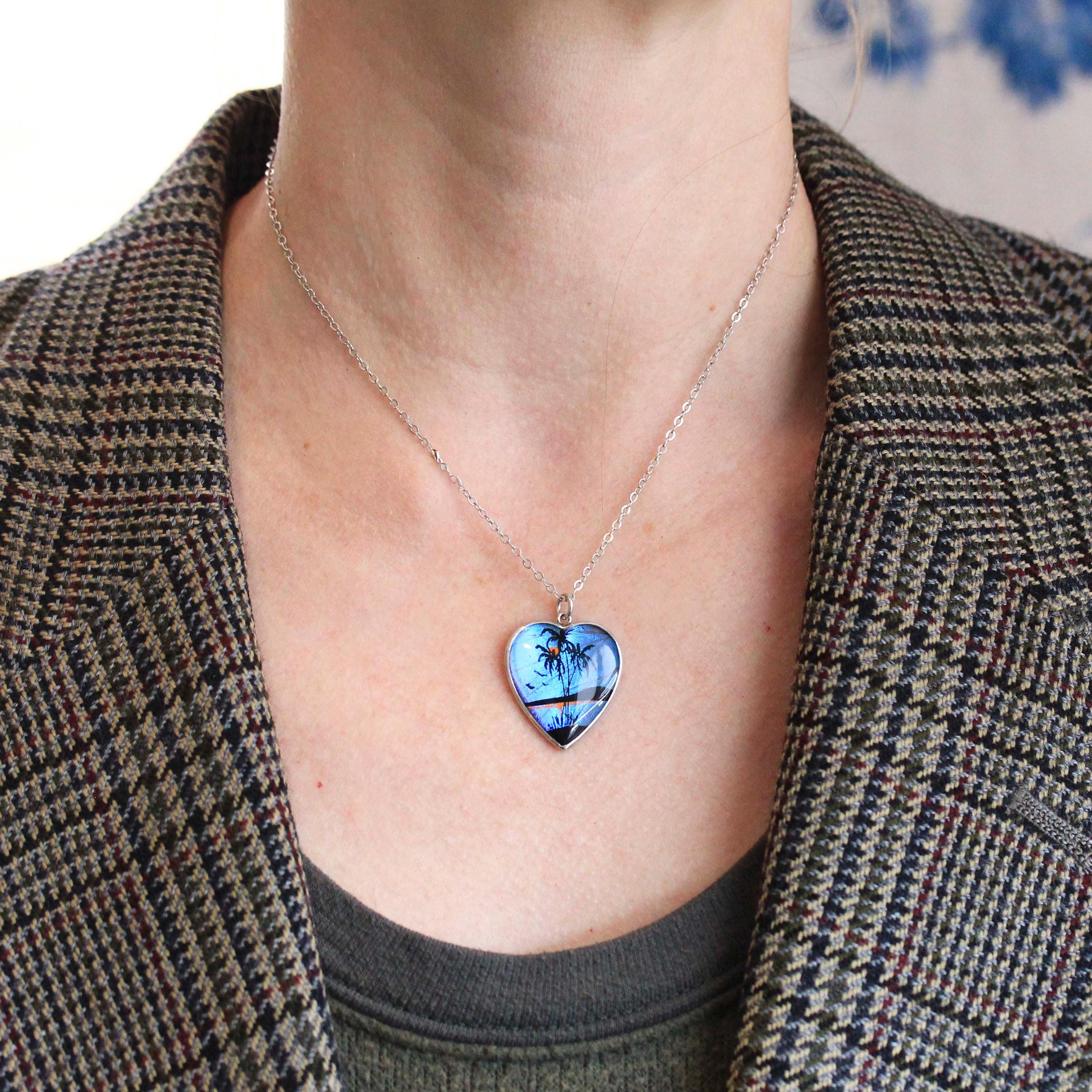 Morpho Butterfly Pendant - Mid Century Sterling Silver Blue Wing Heart Necklace - Vintage Circa 1940s Era Palm Tree Beach Sunset Jewelry