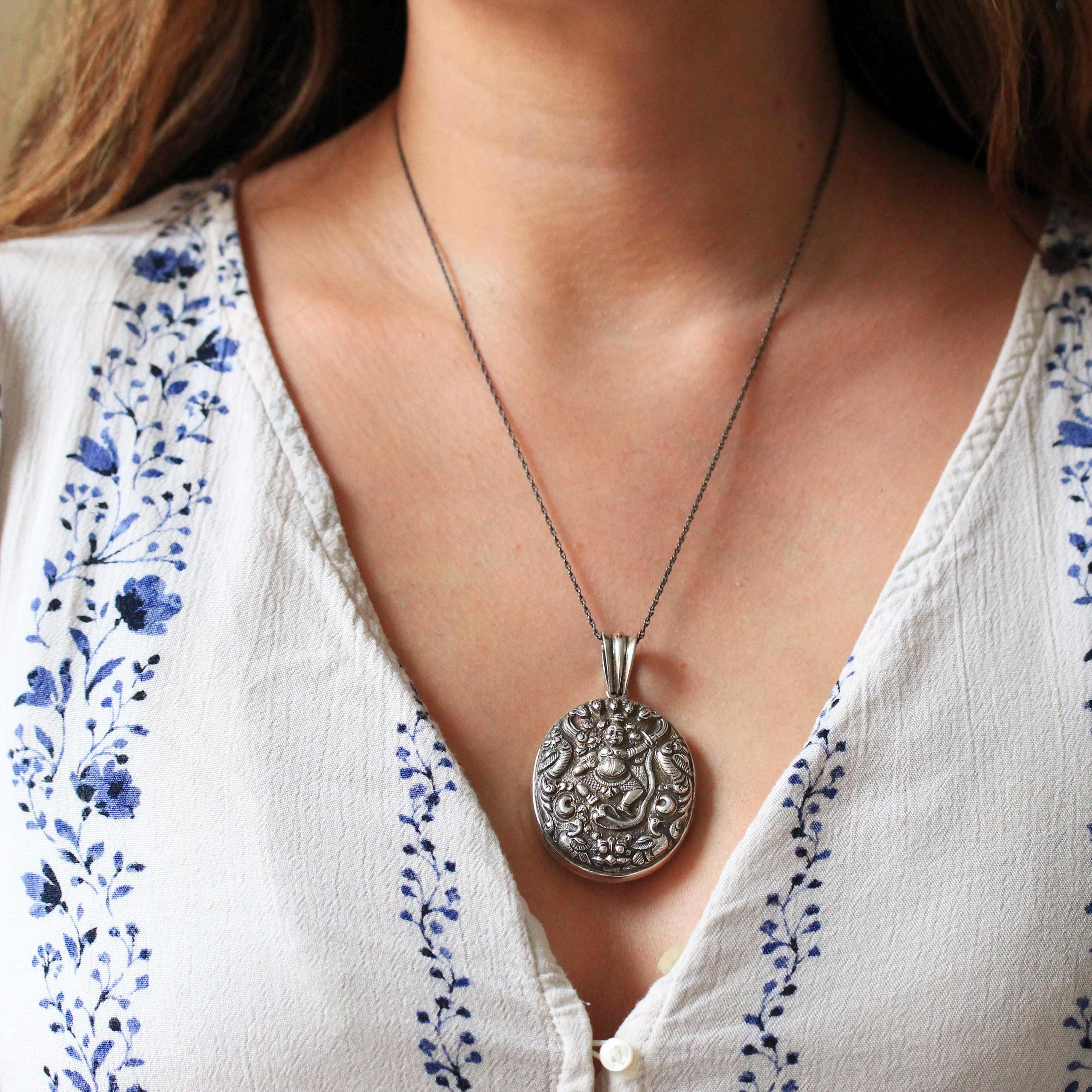 Silver Hindu Locket - Antique Victorian Sterling Large Oval Repousse Deity Pendant - Circa 1890s Era Hair Keepsake Photo Statement Jewelry