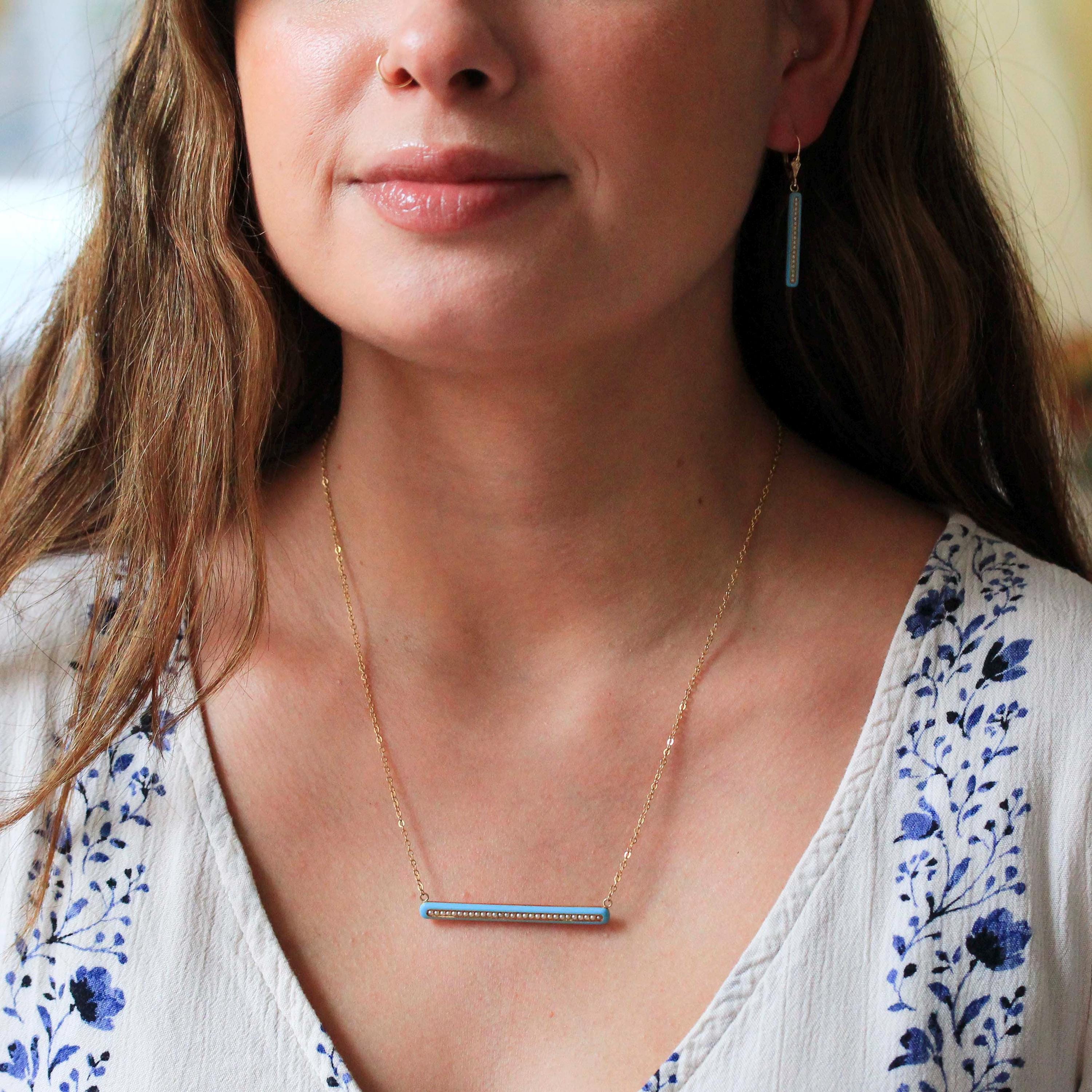 Edwardian Jewelry Set - Antique 14k Yellow Gold Blue Enamel Bar Pendant Necklace & Drop Earrings - Circa 1900s Era Seed Pearl Fine Jewelry