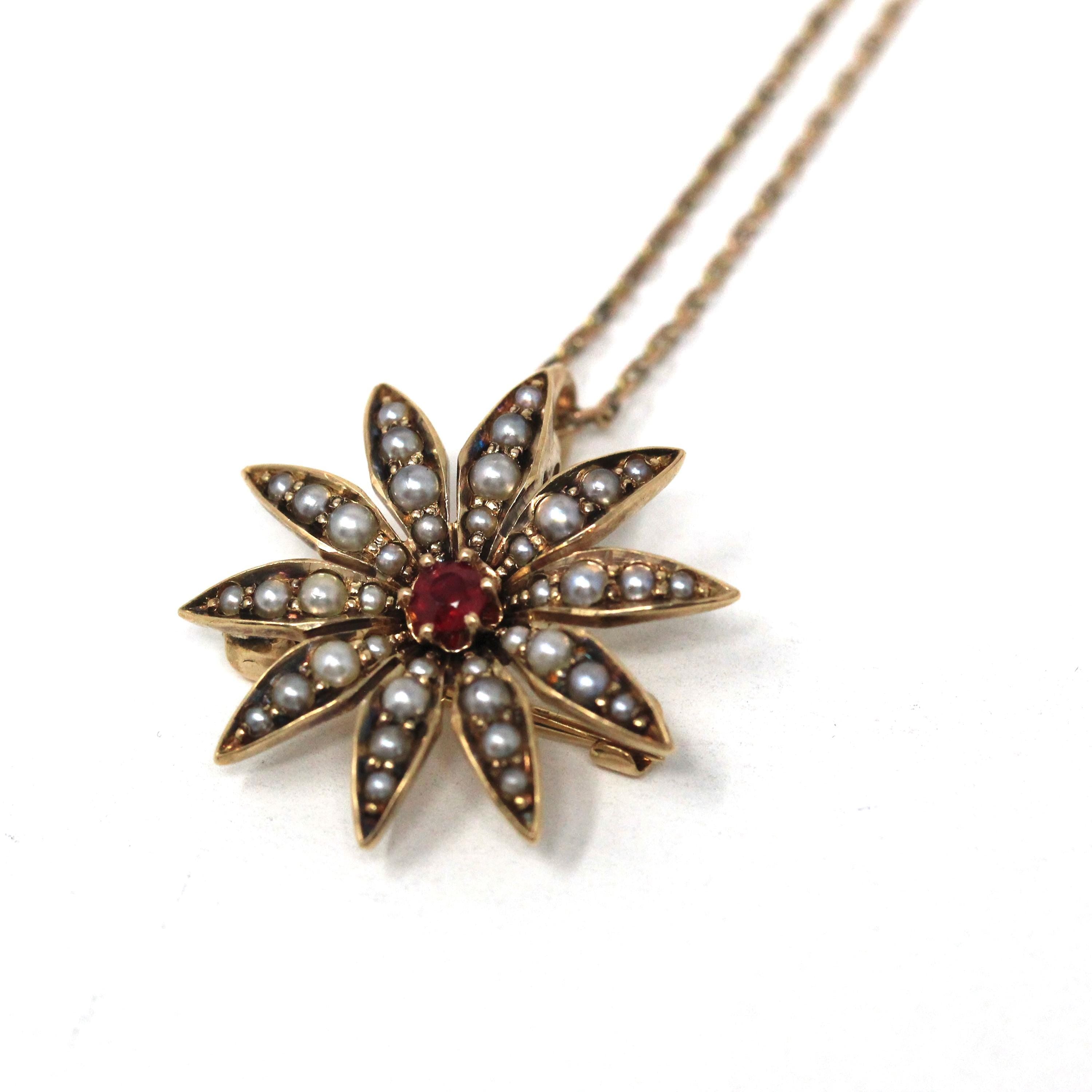 Antique Flower Pendant - Edwardian 14k Yellow Gold Brooch Charm Necklace - Circa 1900s Era Seed Pearl & Natural Ruby Starburst Fine Jewelry