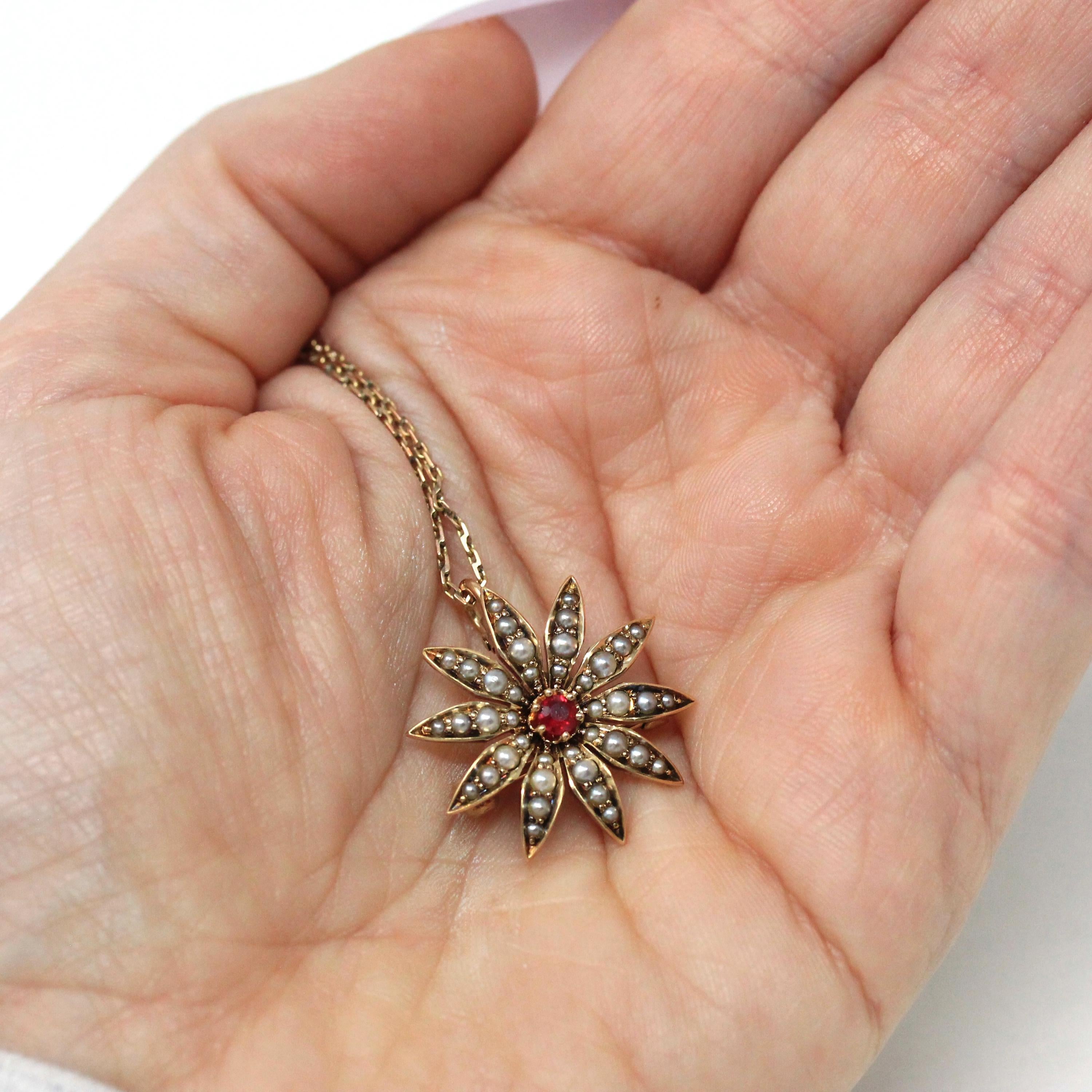 Antique Flower Pendant - Edwardian 14k Yellow Gold Brooch Charm Necklace - Circa 1900s Era Seed Pearl & Natural Ruby Starburst Fine Jewelry