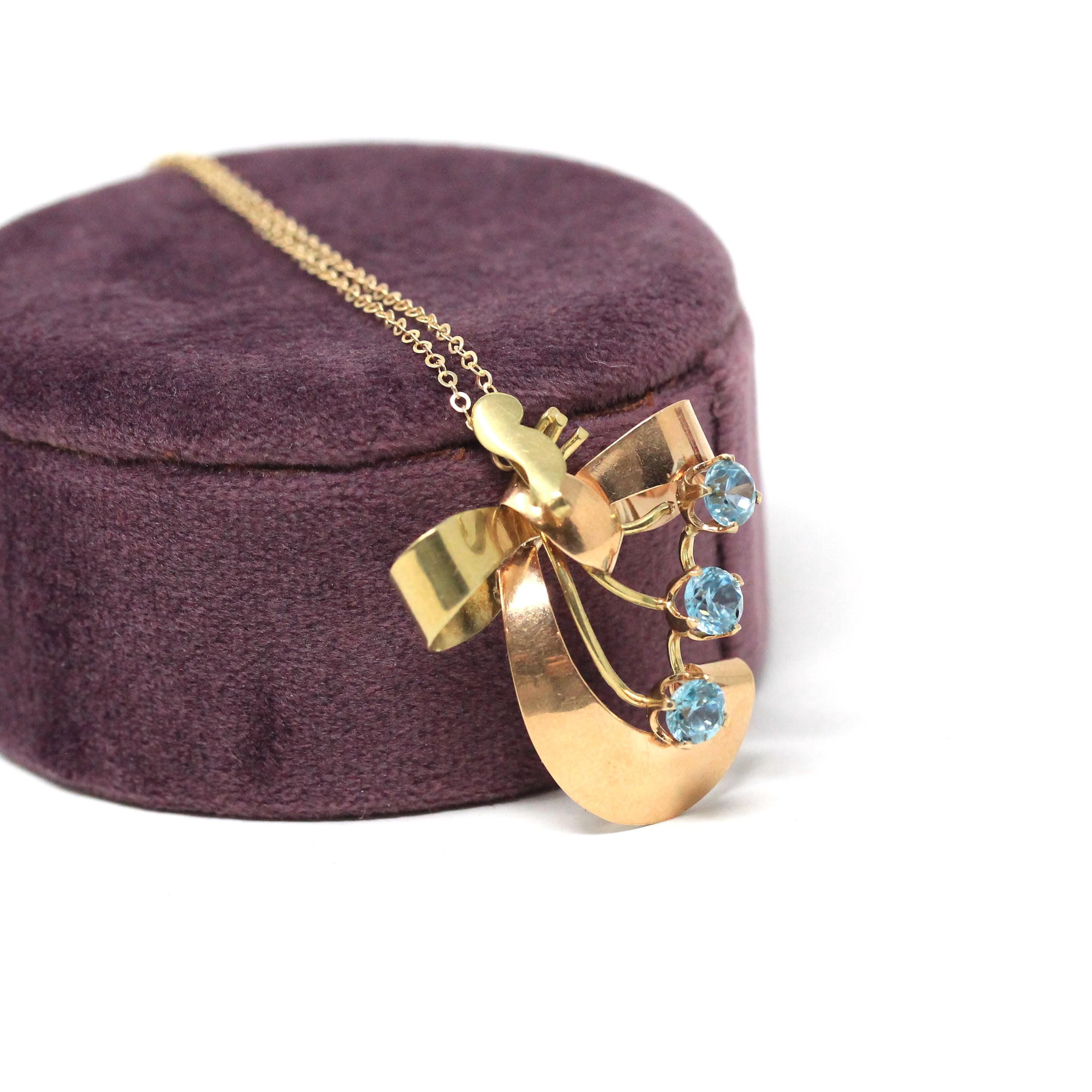 Vintage Bow Necklace - Mid Century 10k Yellow & Rose Gold Natural Blue Zircon 1.5 CTW Pendant - Circa 1940s Two Tone Fine Statement Jewelry