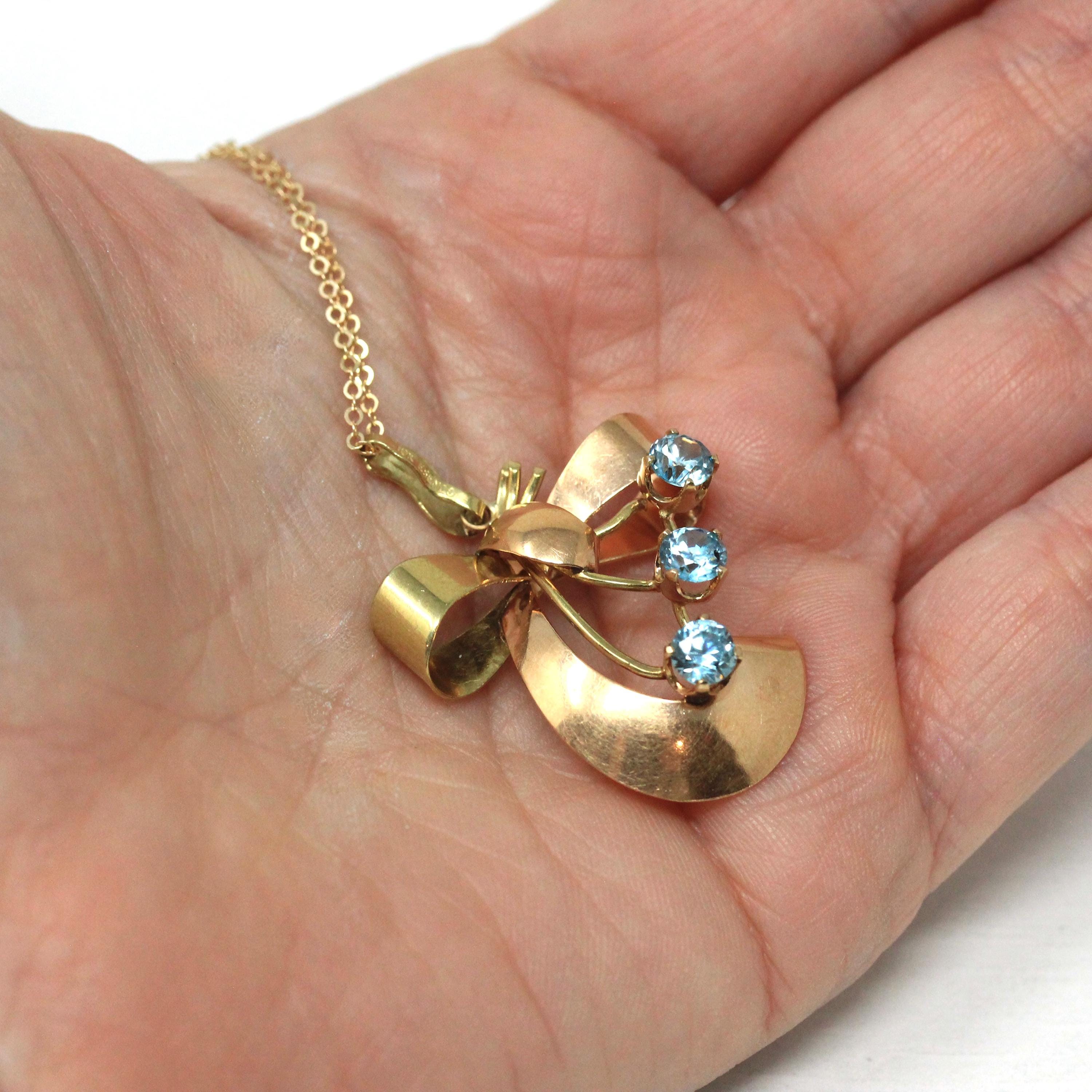 Vintage Bow Necklace - Mid Century 10k Yellow & Rose Gold Natural Blue Zircon 1.5 CTW Pendant - Circa 1940s Two Tone Fine Statement Jewelry
