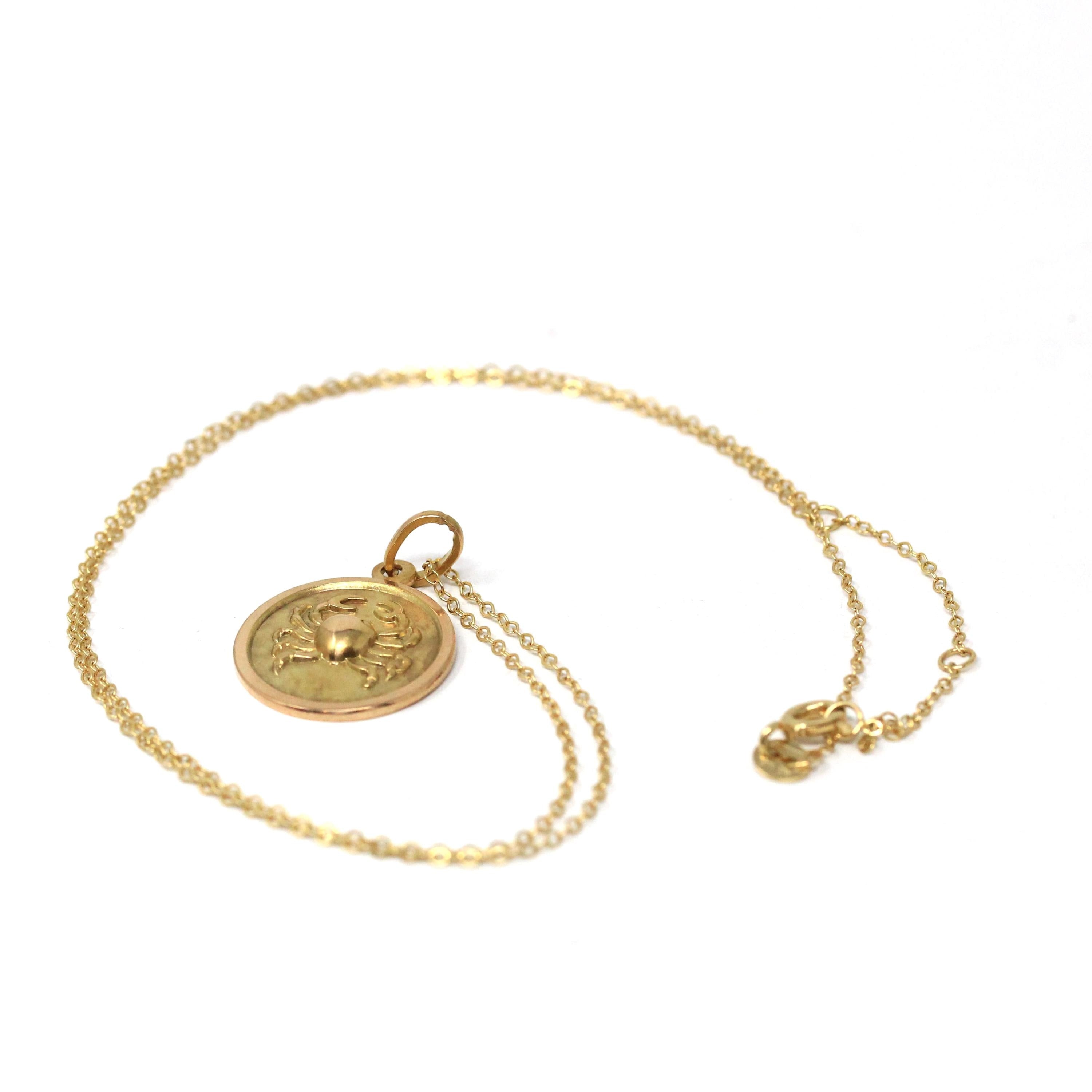 Estate Cancer Charm - Modern 18k Yellow Gold Crab Astrological Sign Necklace Pendant - Circa 1990s Zodiac Celestial Water Element Jewelry
