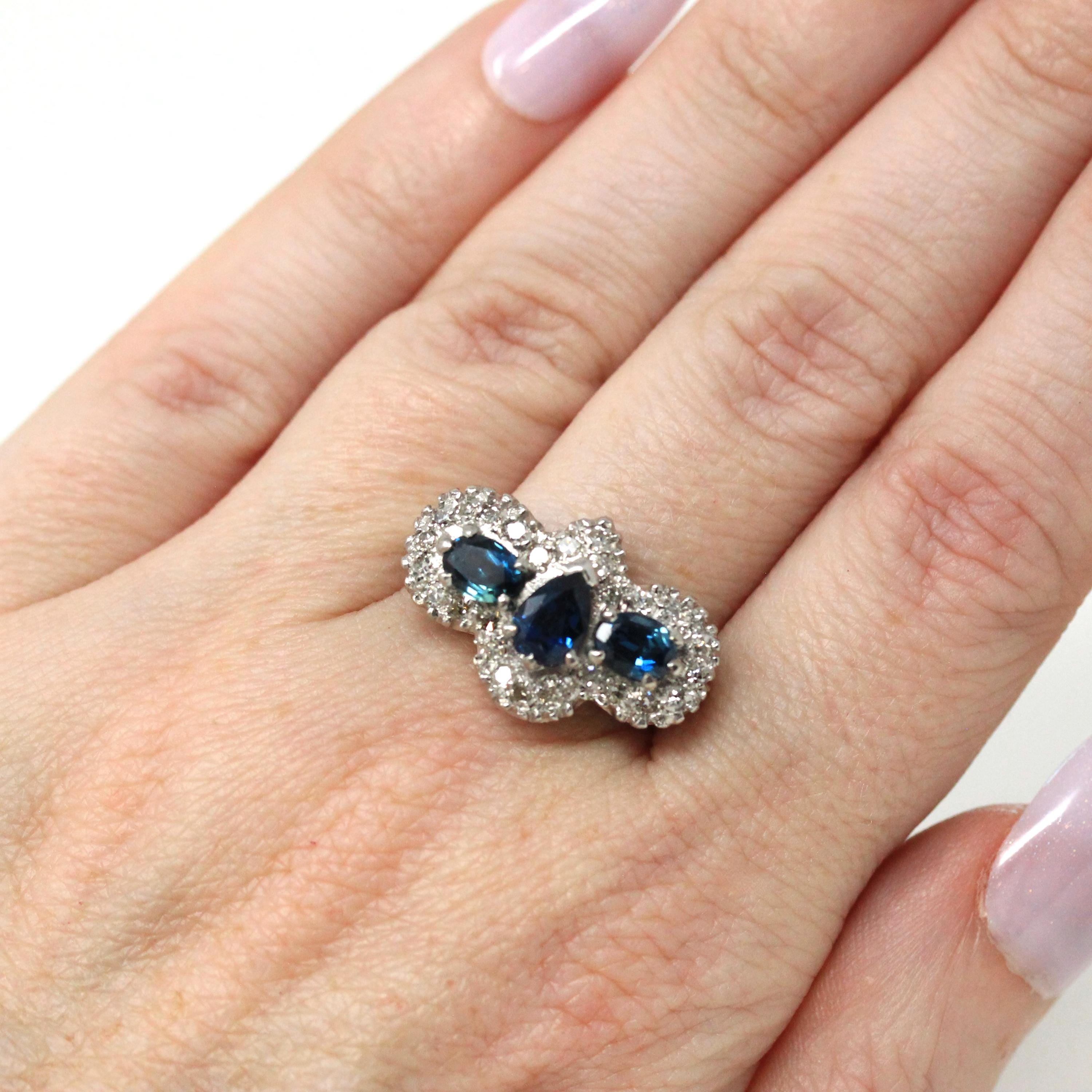 Mid Century Cocktail Ring - Vintage 18K White Gold Natural Diamonds Blue Sapphires Three Stone - Circa 1950s Era Size 7 1/4 Fine 50s Jewelry