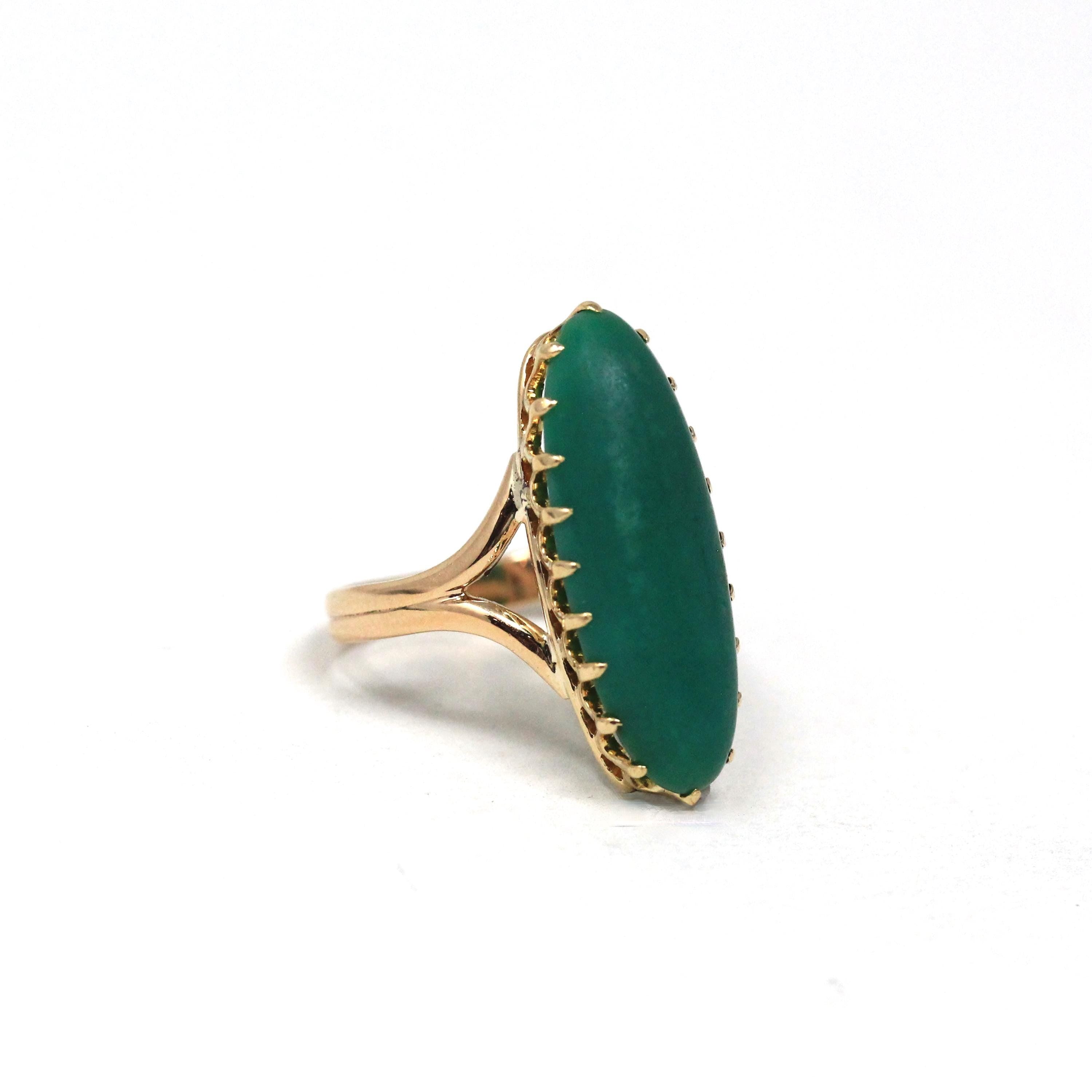 Vintage Chrysoprase Ring - Retro 14k 10k Yellow Gold Oblong Oval Cabochon Natural Green Gemstone - Circa 1970s Era Size 6 1/2 Fine Jewelry