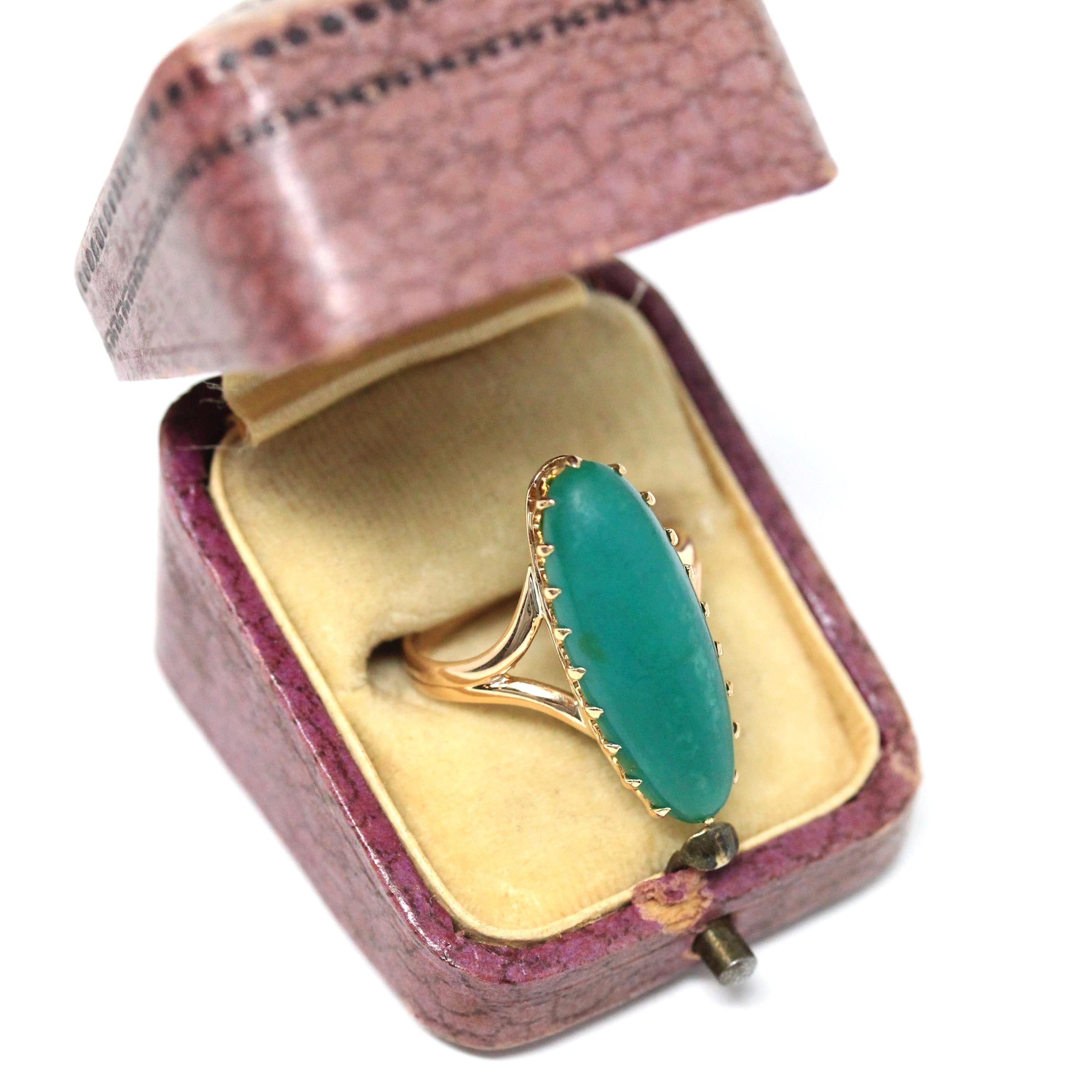 Vintage Chrysoprase Ring - Retro 14k 10k Yellow Gold Oblong Oval Cabochon Natural Green Gemstone - Circa 1970s Era Size 6 1/2 Fine Jewelry