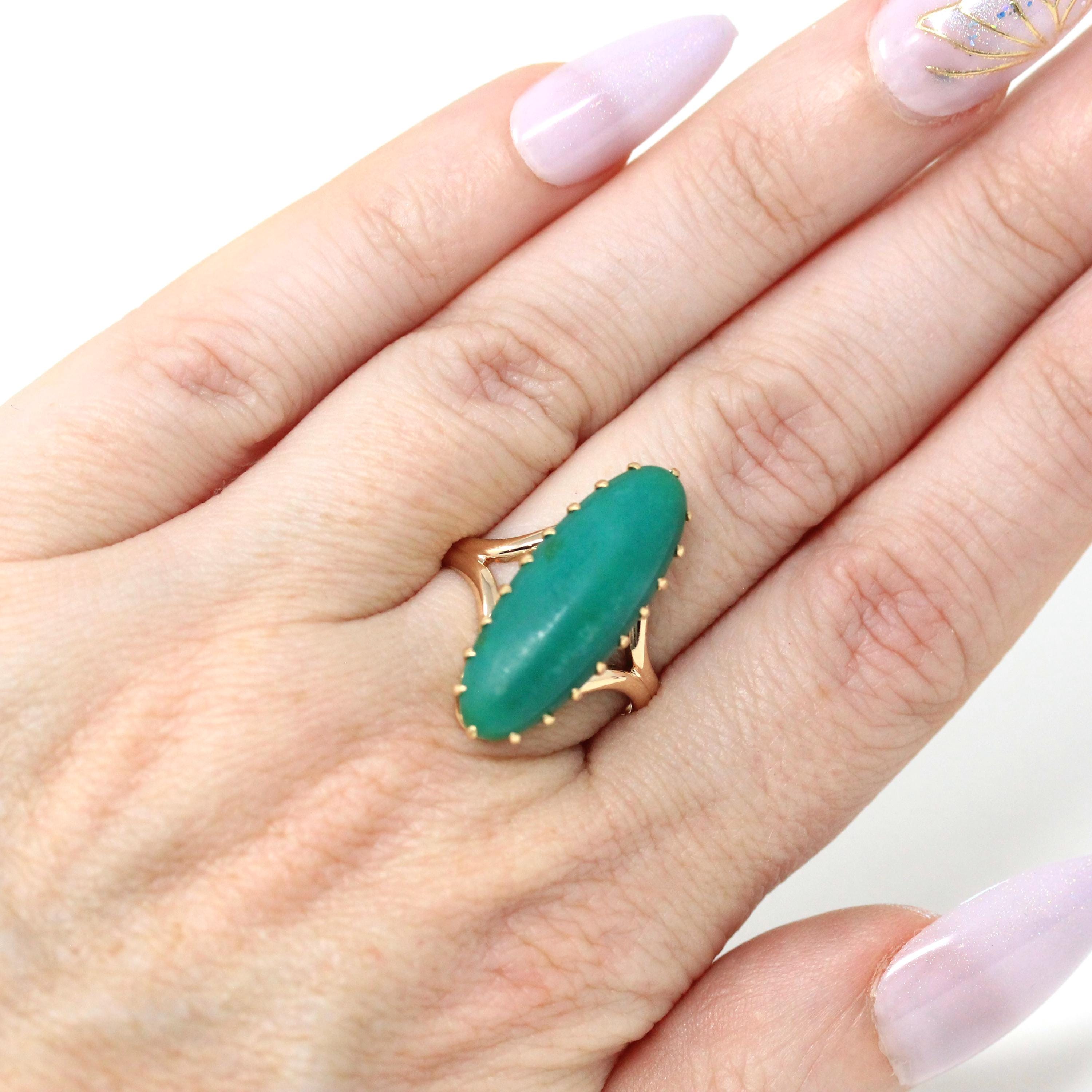 Vintage Chrysoprase Ring - Retro 14k 10k Yellow Gold Oblong Oval Cabochon Natural Green Gemstone - Circa 1970s Era Size 6 1/2 Fine Jewelry