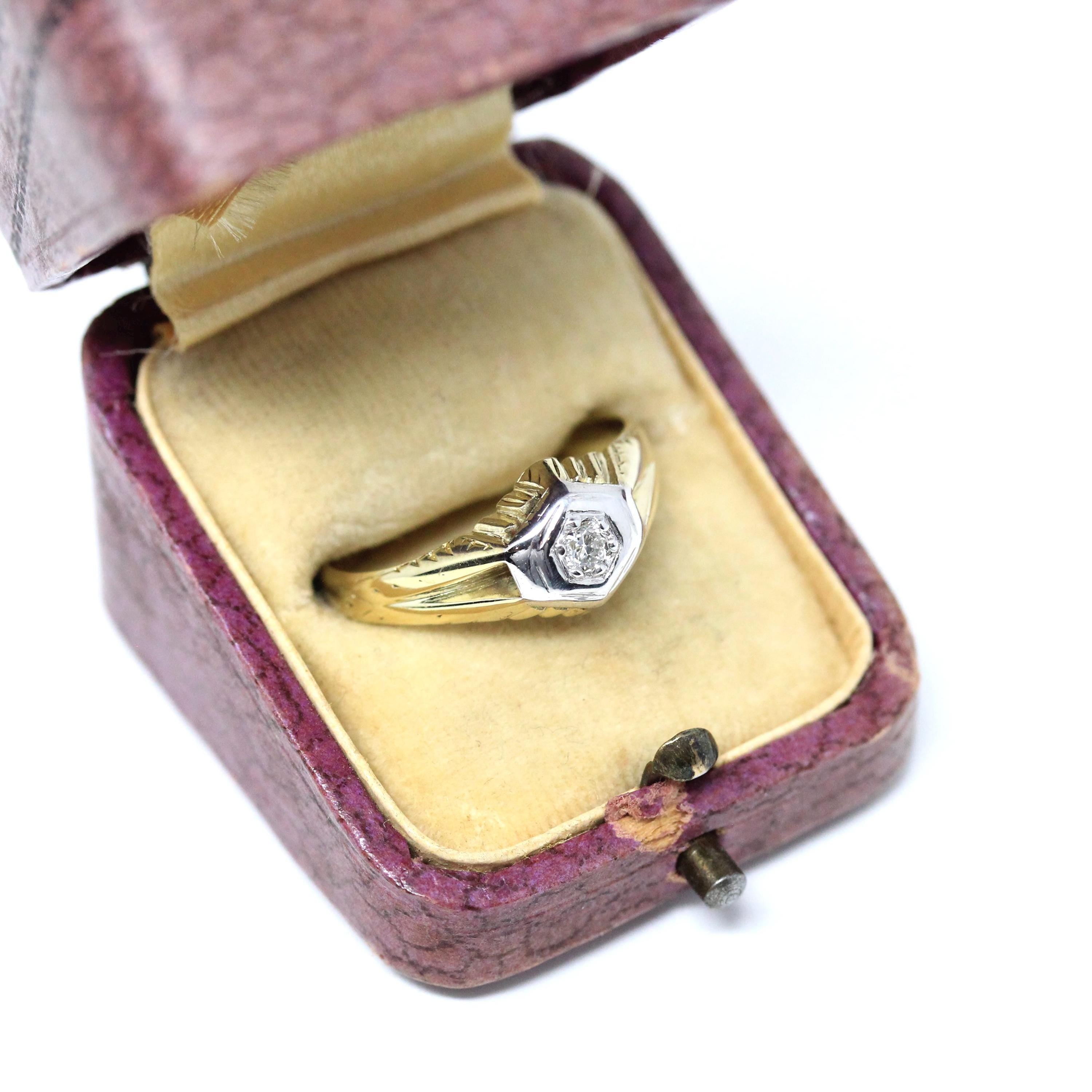 Vintage Diamond Ring - Art Deco Era 14k Yellow & White Gold Natural Gemstone - Circa 1930s Size 8 1/2 Fine Men's Unisex Engagement Jewelry