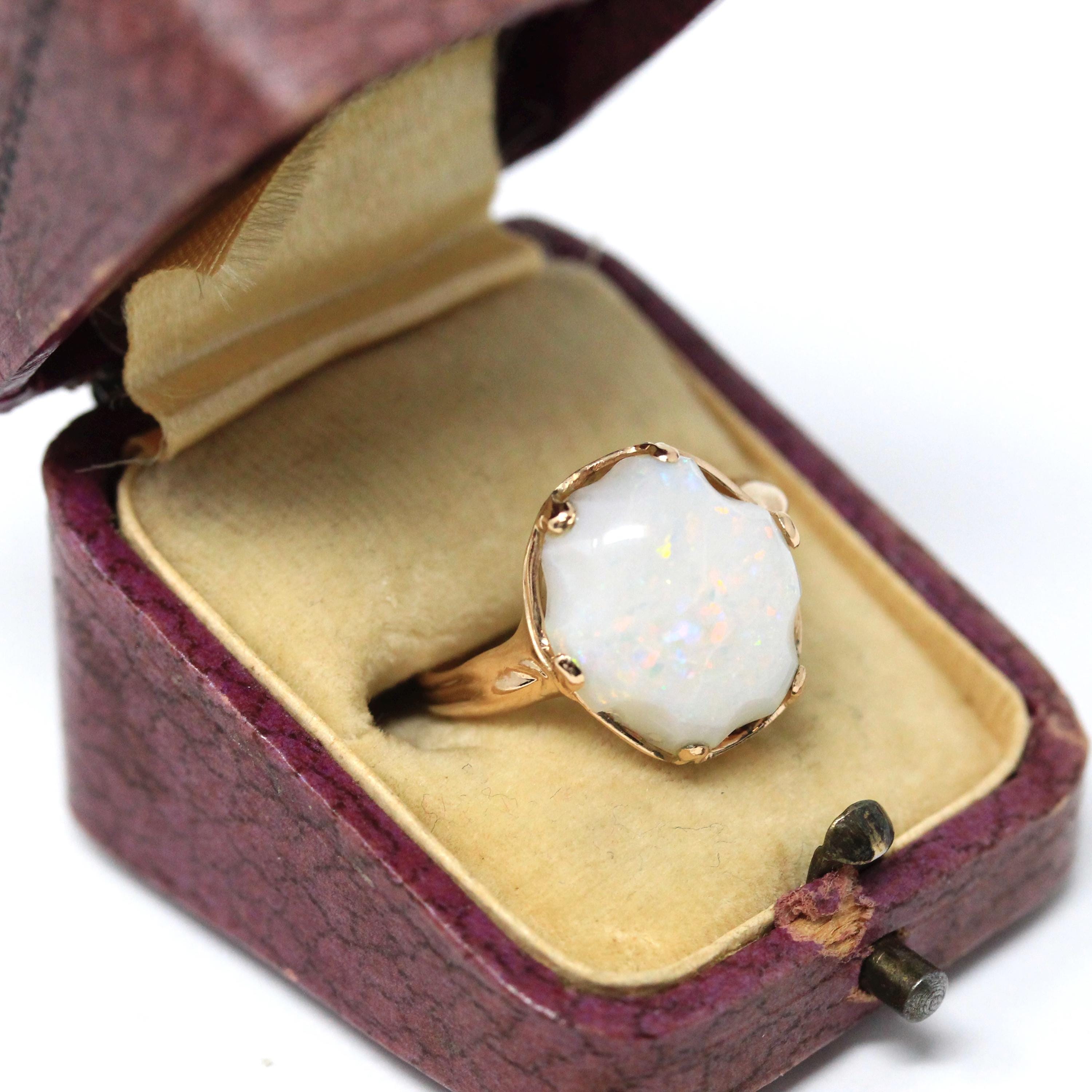Vintage Opal Ring - Retro Era 14k Yellow Gold Fancy Cut Oval Cabochon Gem Solitaire - Circa 1960s Size 6 3/4 Fine October Birthstone Jewelry
