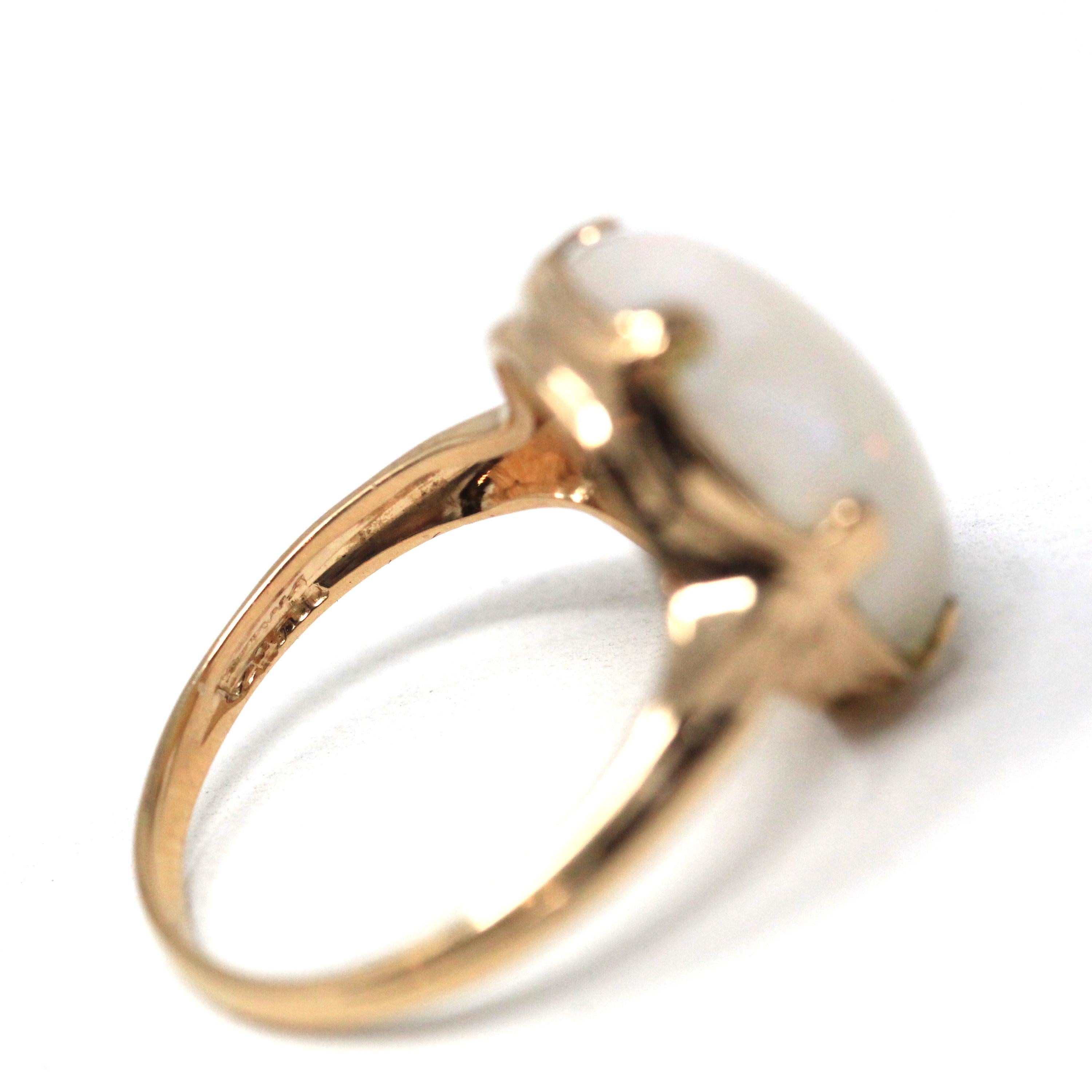 Vintage Opal Ring - Retro Era 14k Yellow Gold Fancy Cut Oval Cabochon Gem Solitaire - Circa 1960s Size 6 3/4 Fine October Birthstone Jewelry